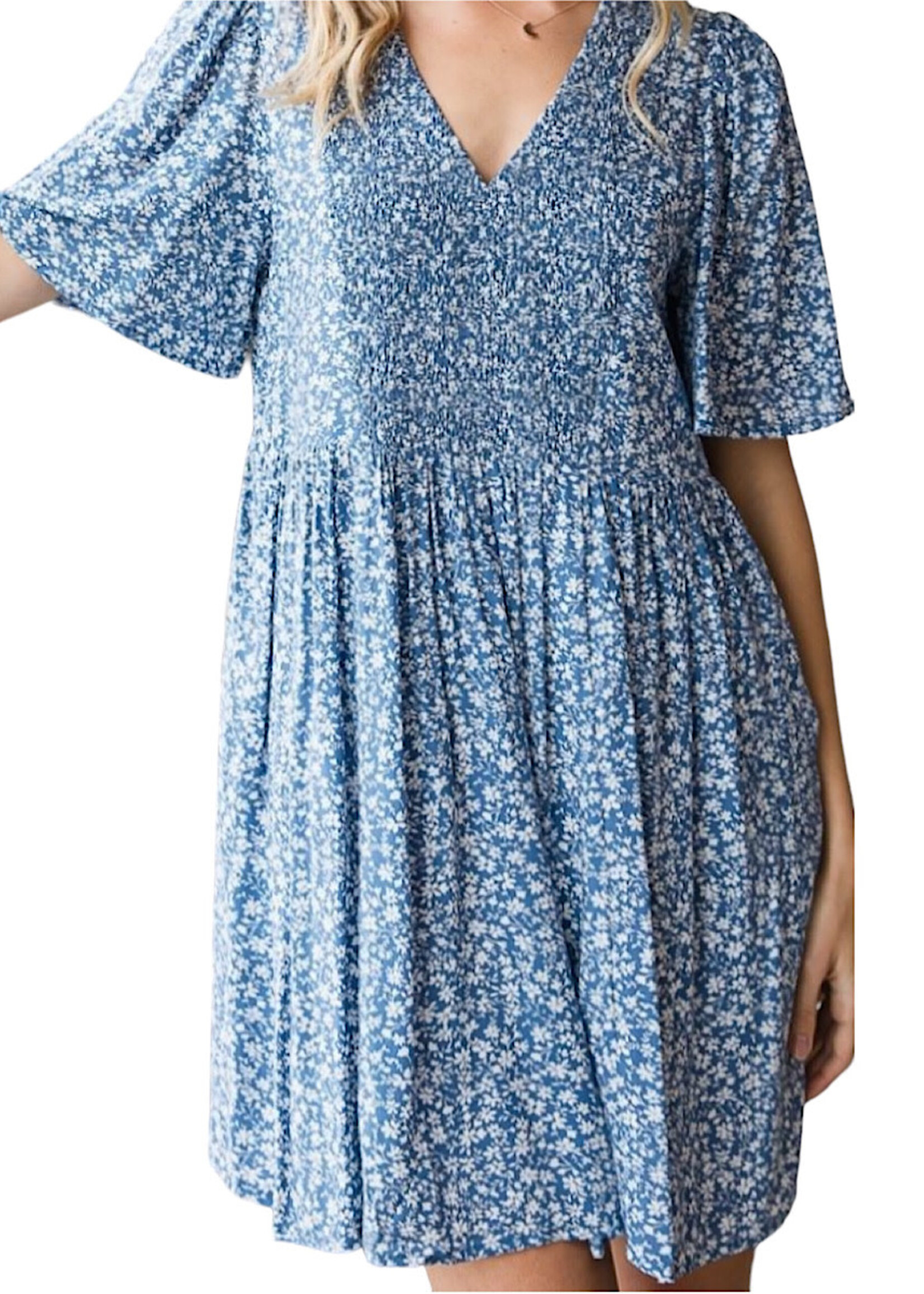 Plus Blue Ditsy Floral Smocked Baby Doll Flare Dress