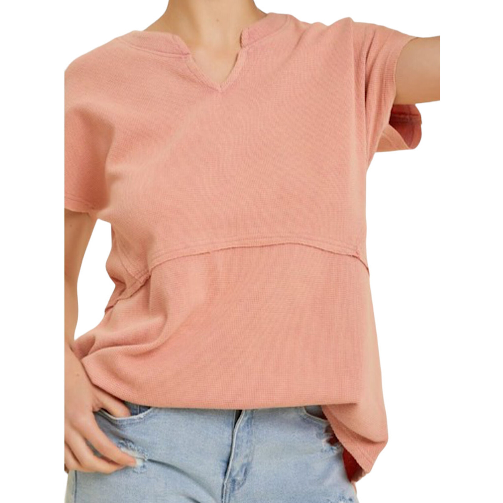 Salmon Mineral Washed Thermal S/S Top with Split Neck