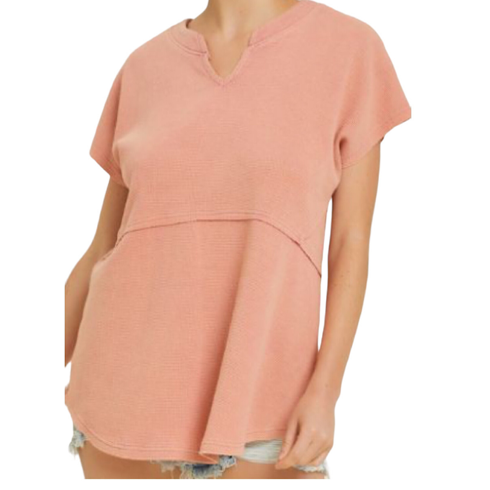 Salmon Mineral Washed Thermal S/S Top with Split Neck