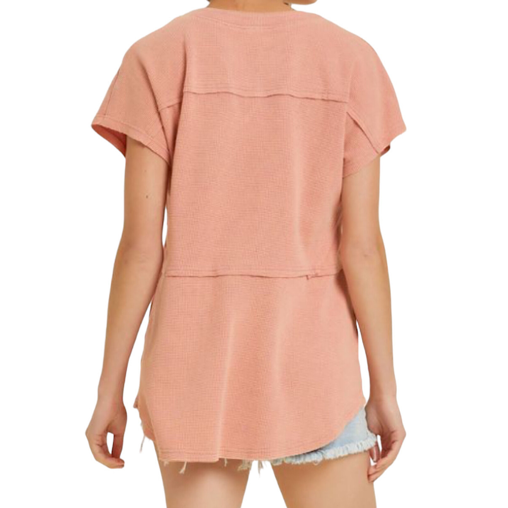 Salmon Mineral Washed Thermal S/S Top with Split Neck