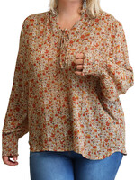 Plus Rust Chiffon Printed Blouse With Smocked Detail