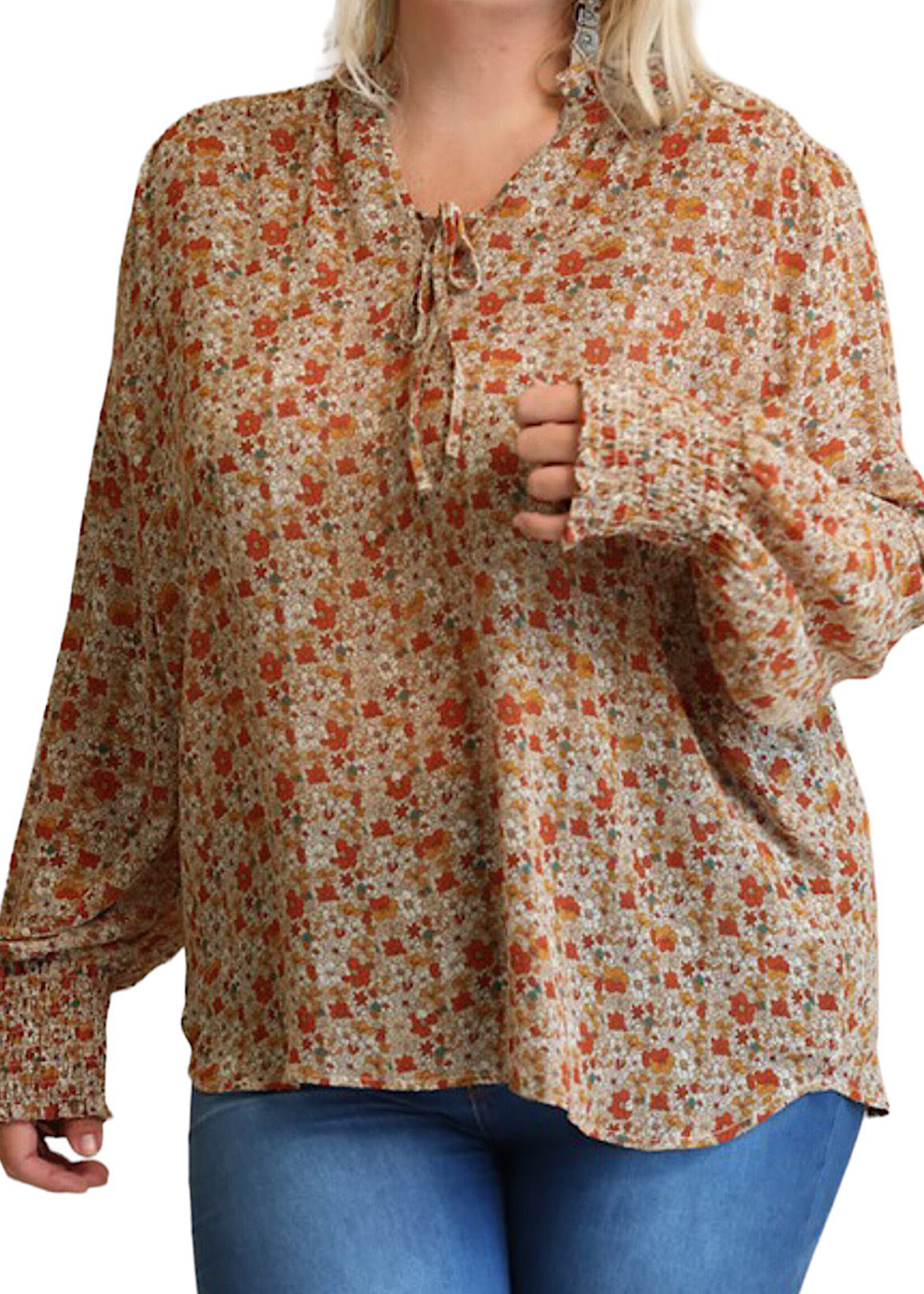 Plus Rust Chiffon Printed Blouse With Smocked Detail