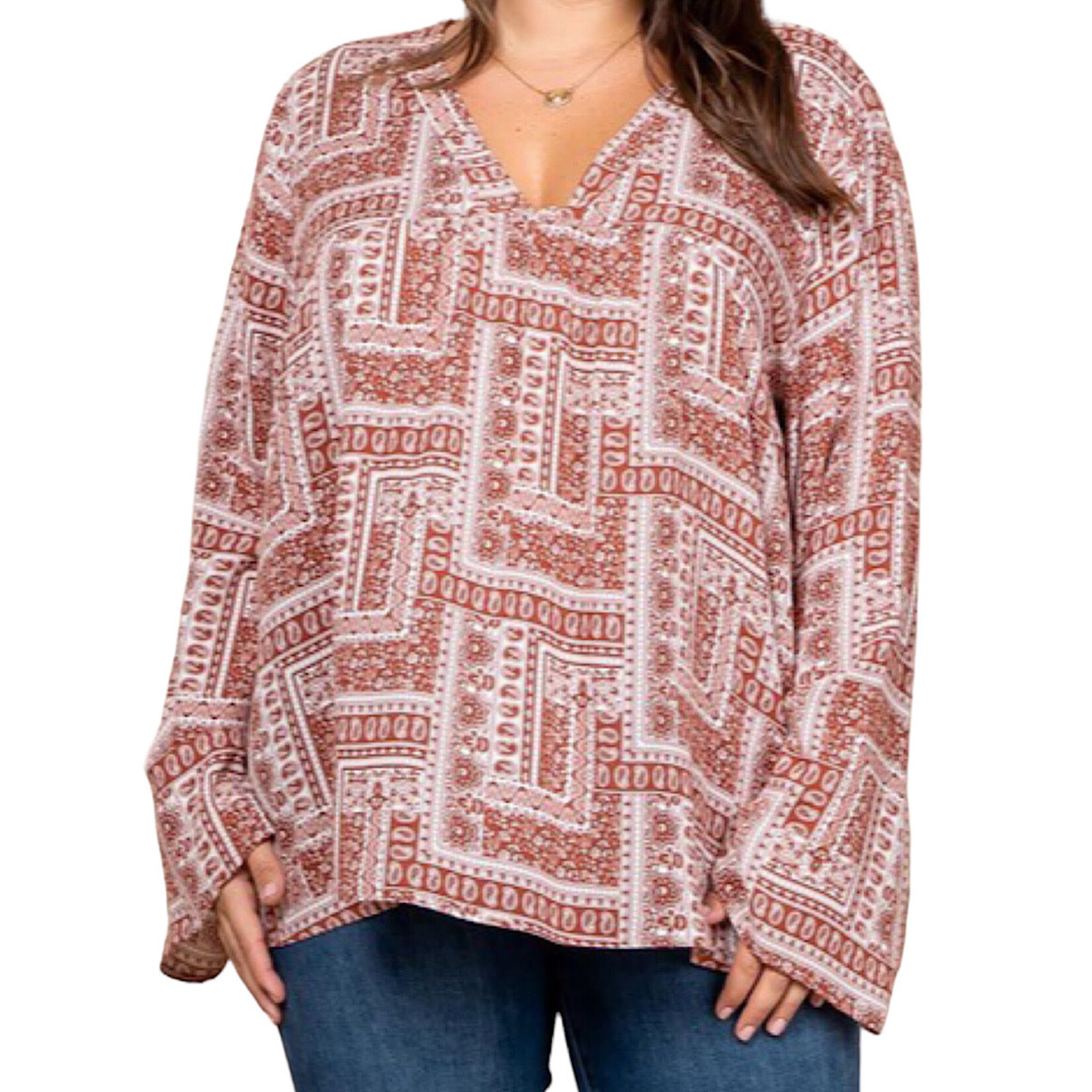 Plus Rust Print V Neck Babydoll Top