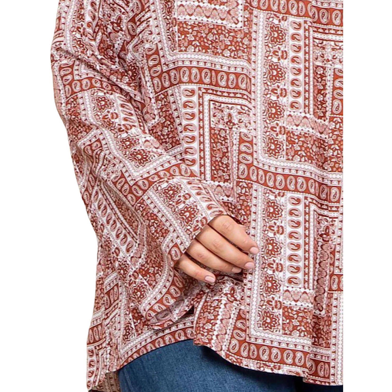 Plus Rust Print V Neck Babydoll Top