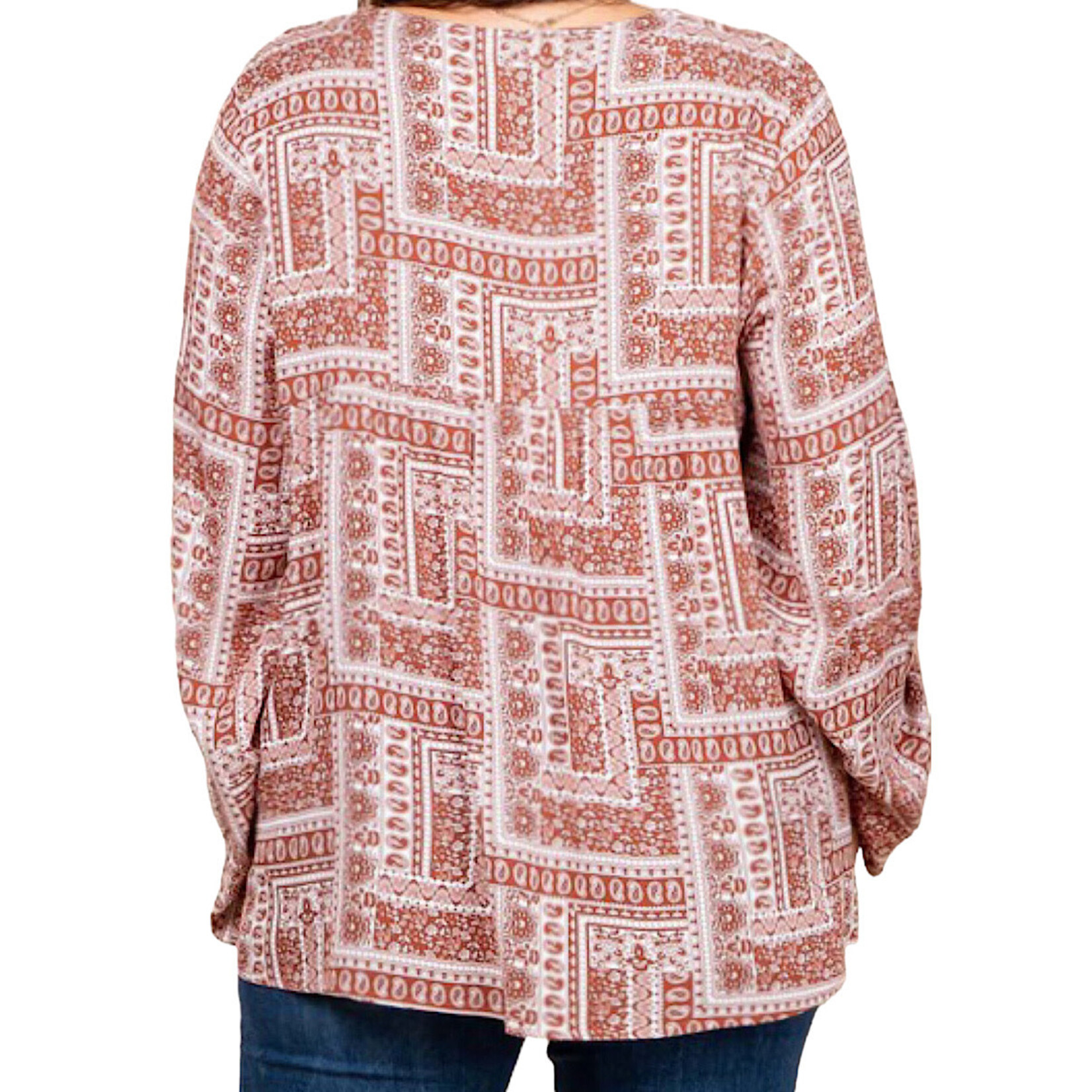 Plus Rust Print V Neck Babydoll Top