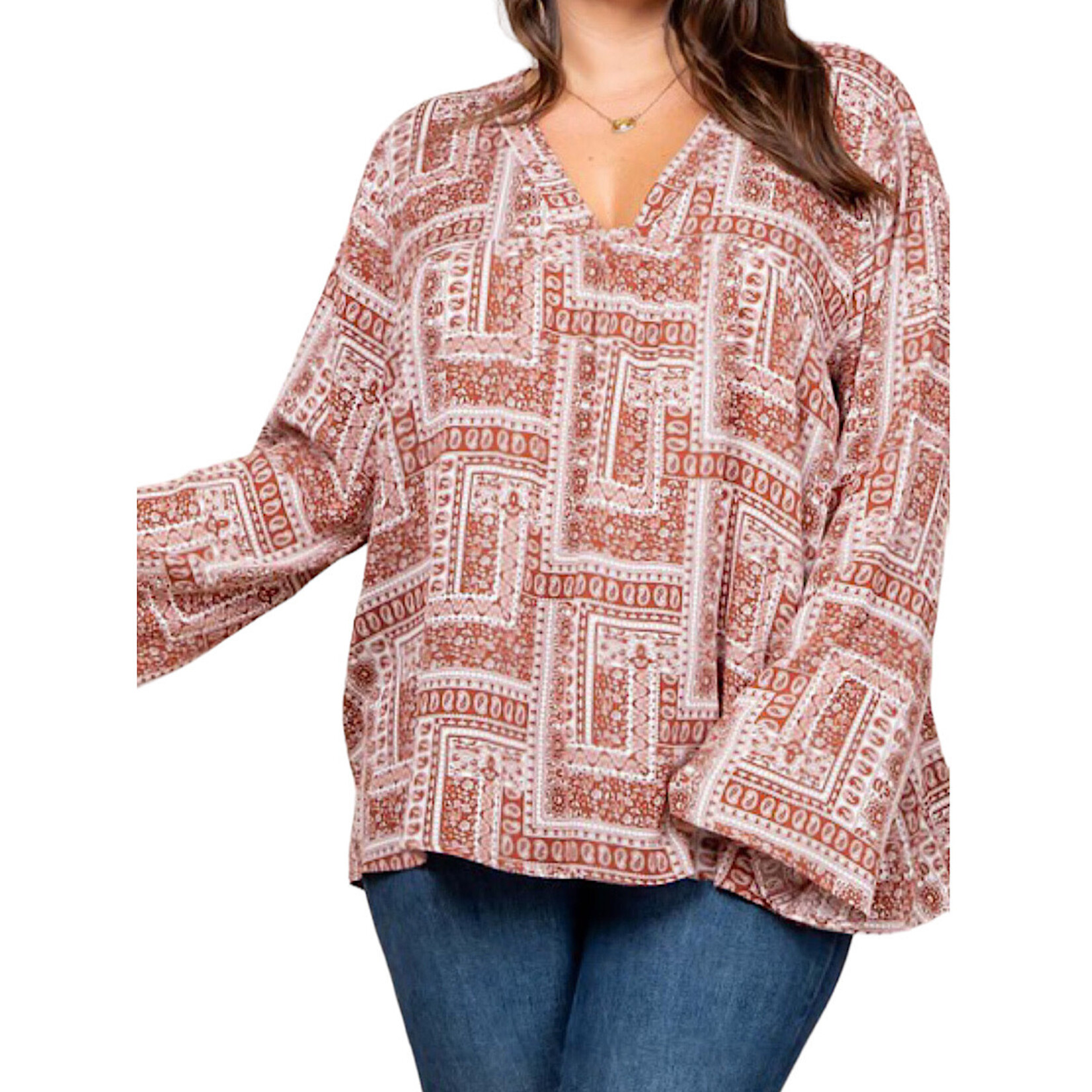 Plus Rust Print V Neck Babydoll Top