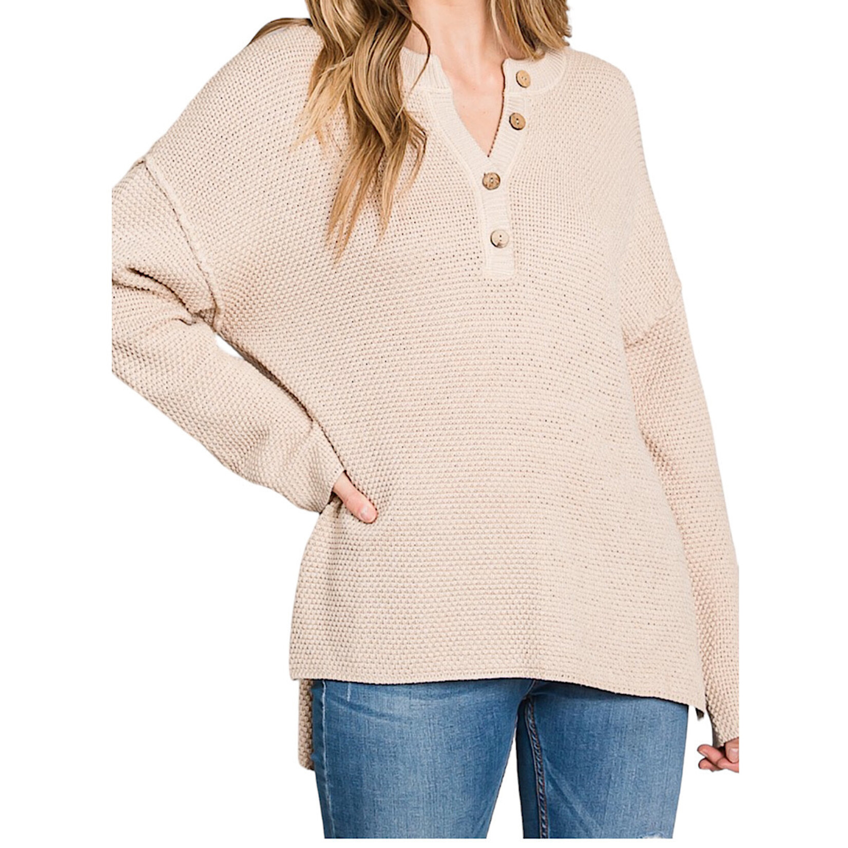 Plus Sand Comfy High/Low Oversized Henley Sweater Top