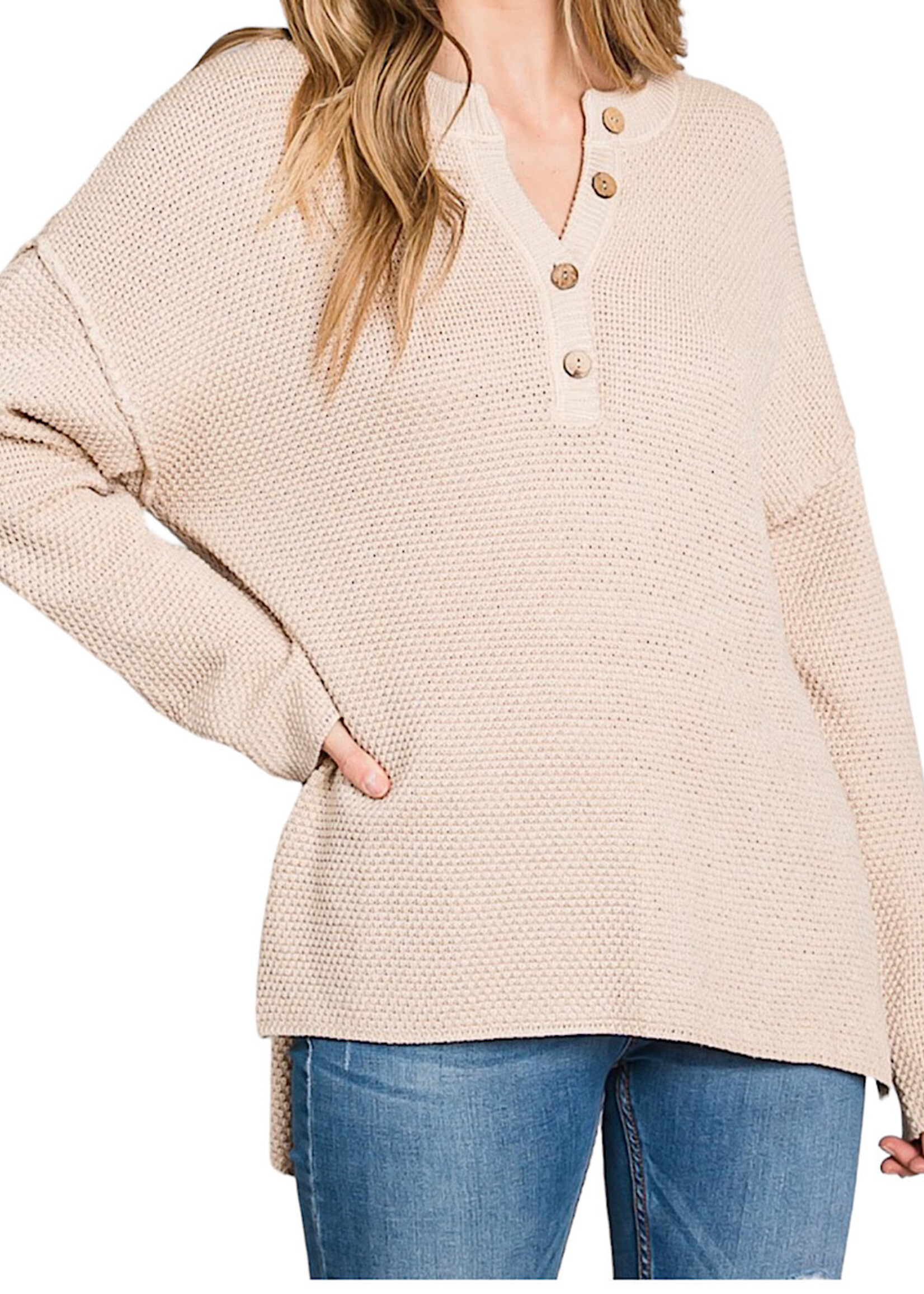 Plus Sand Comfy High/Low Oversized Henley Sweater Top