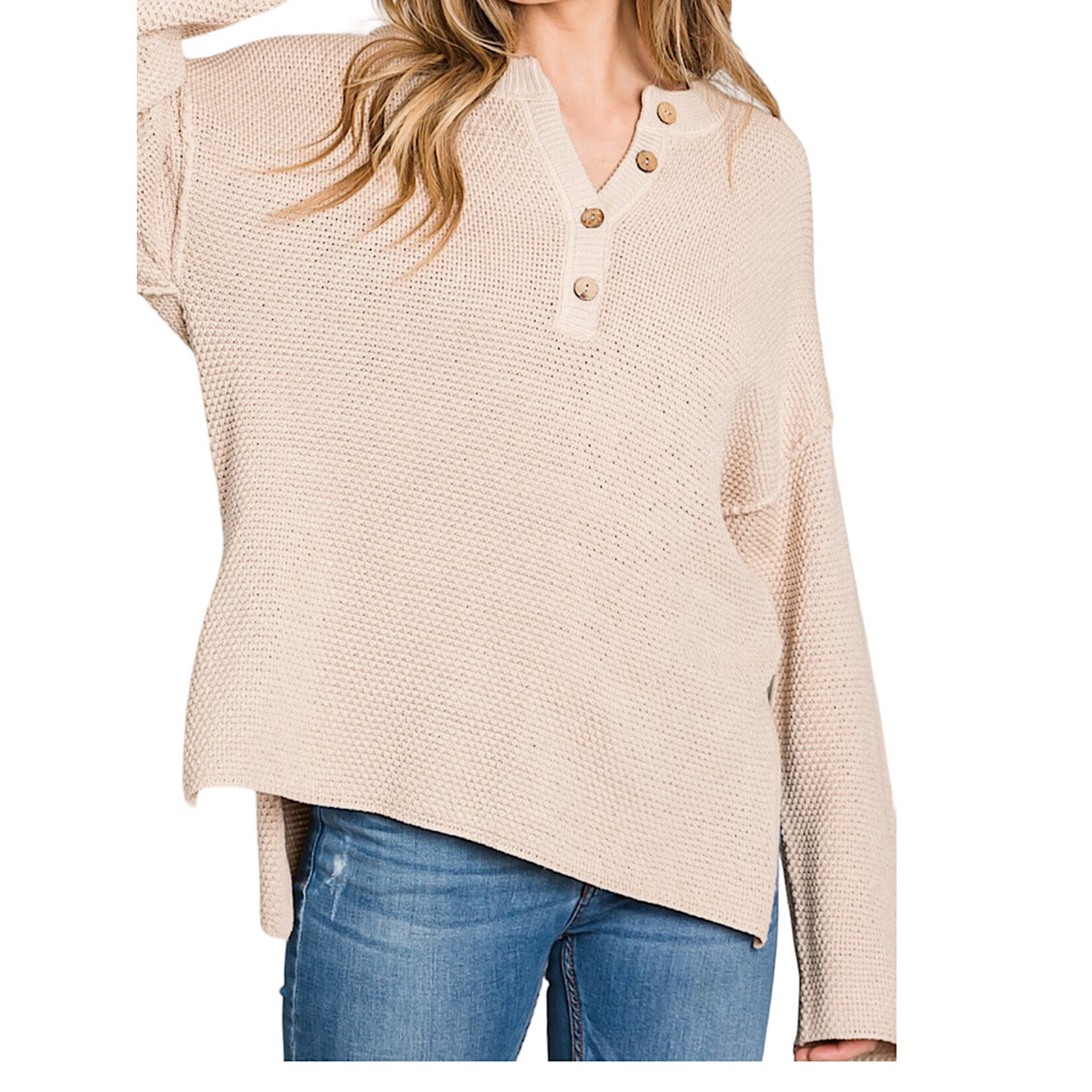 Plus Sand Comfy High/Low Oversized Henley Sweater Top