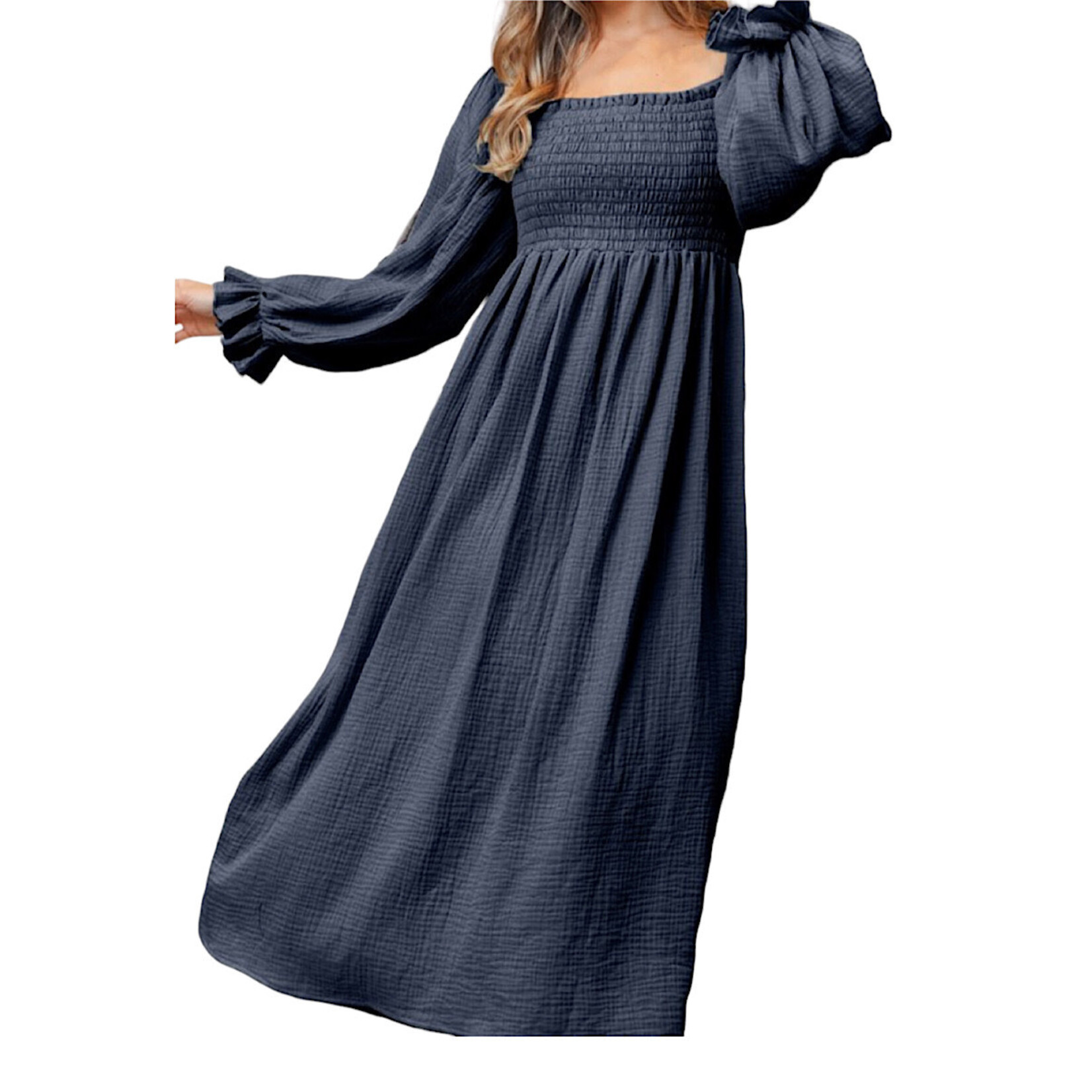 Navy Gauze Solid Smocking Off Shoulder Maxi Dress