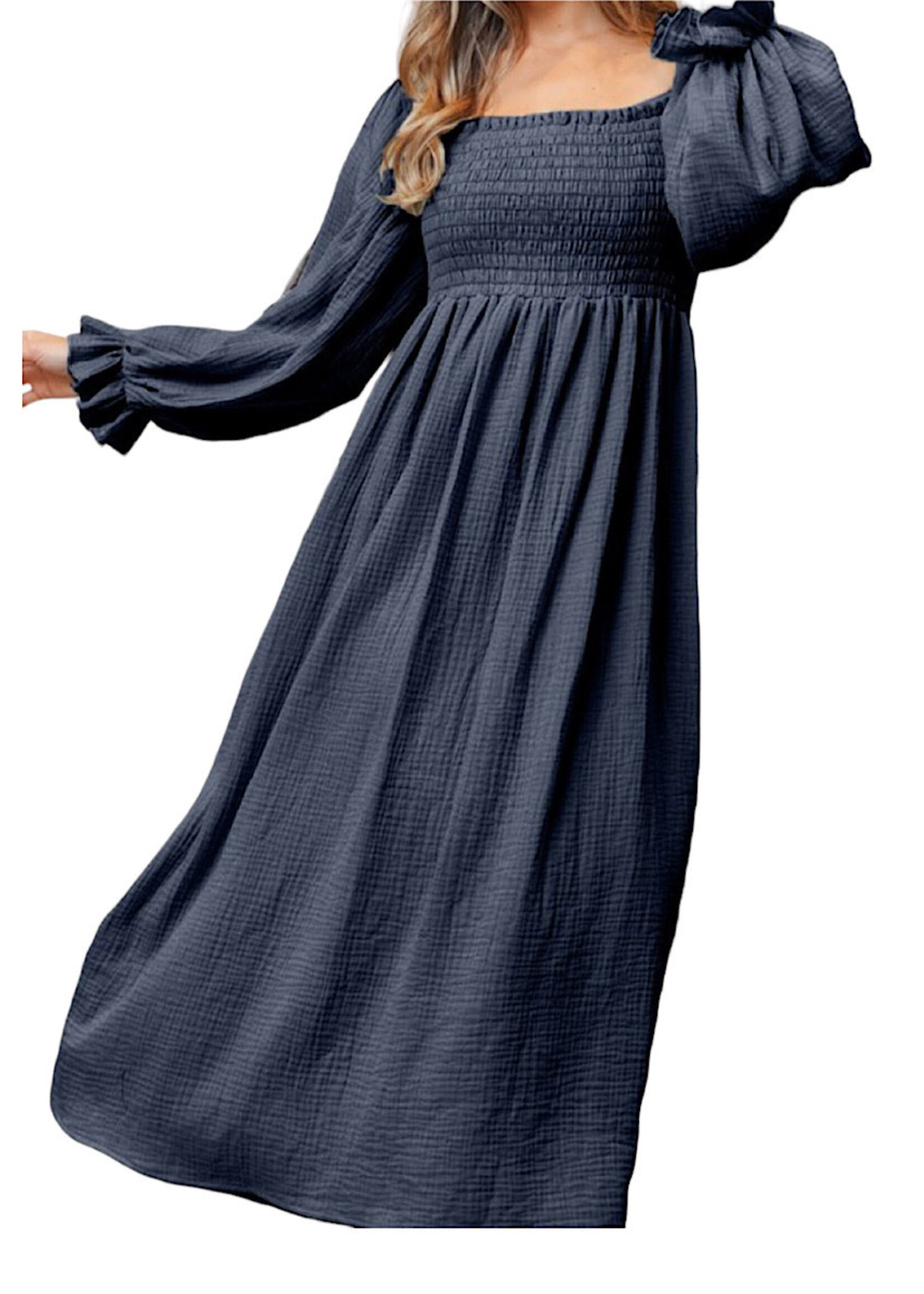 Navy Gauze Solid Smocking Off Shoulder Maxi Dress
