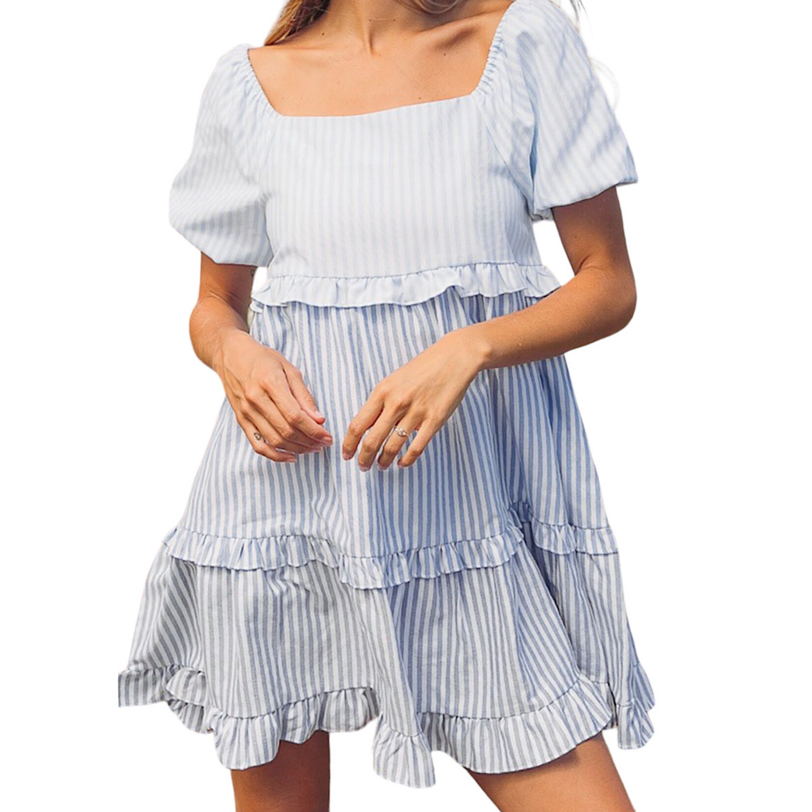 Blue/Royal/Navy Square Neck Ruffle Hem Tiered Dress