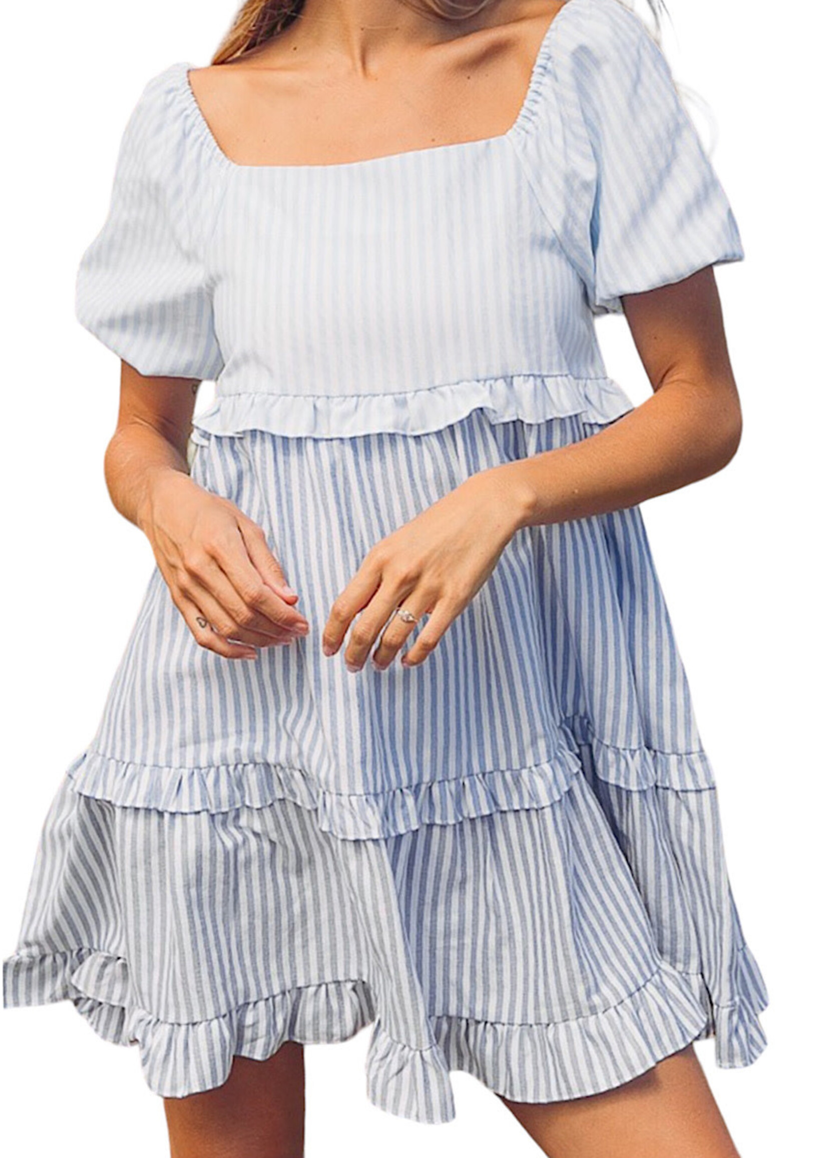 Blue/Royal/Navy Square Neck Ruffle Hem Tiered Dress