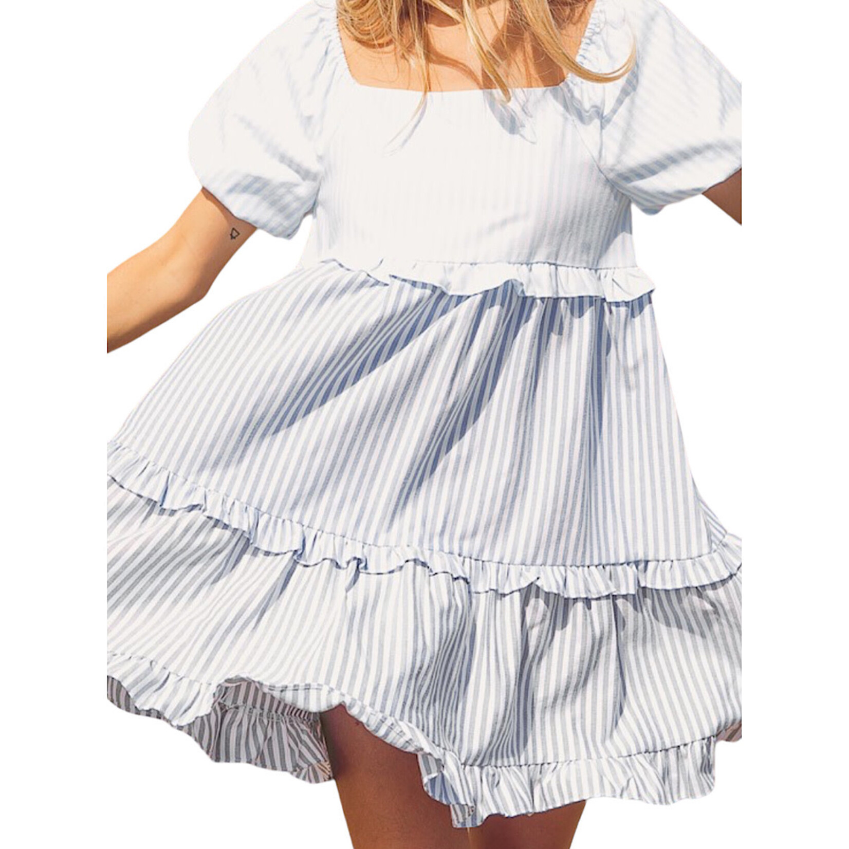 Blue/Royal/Navy Square Neck Ruffle Hem Tiered Dress