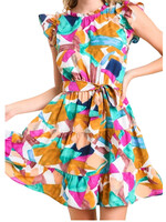 Jade Abstract Print Round Neck Tiered Dress with Ruffle Sleeves