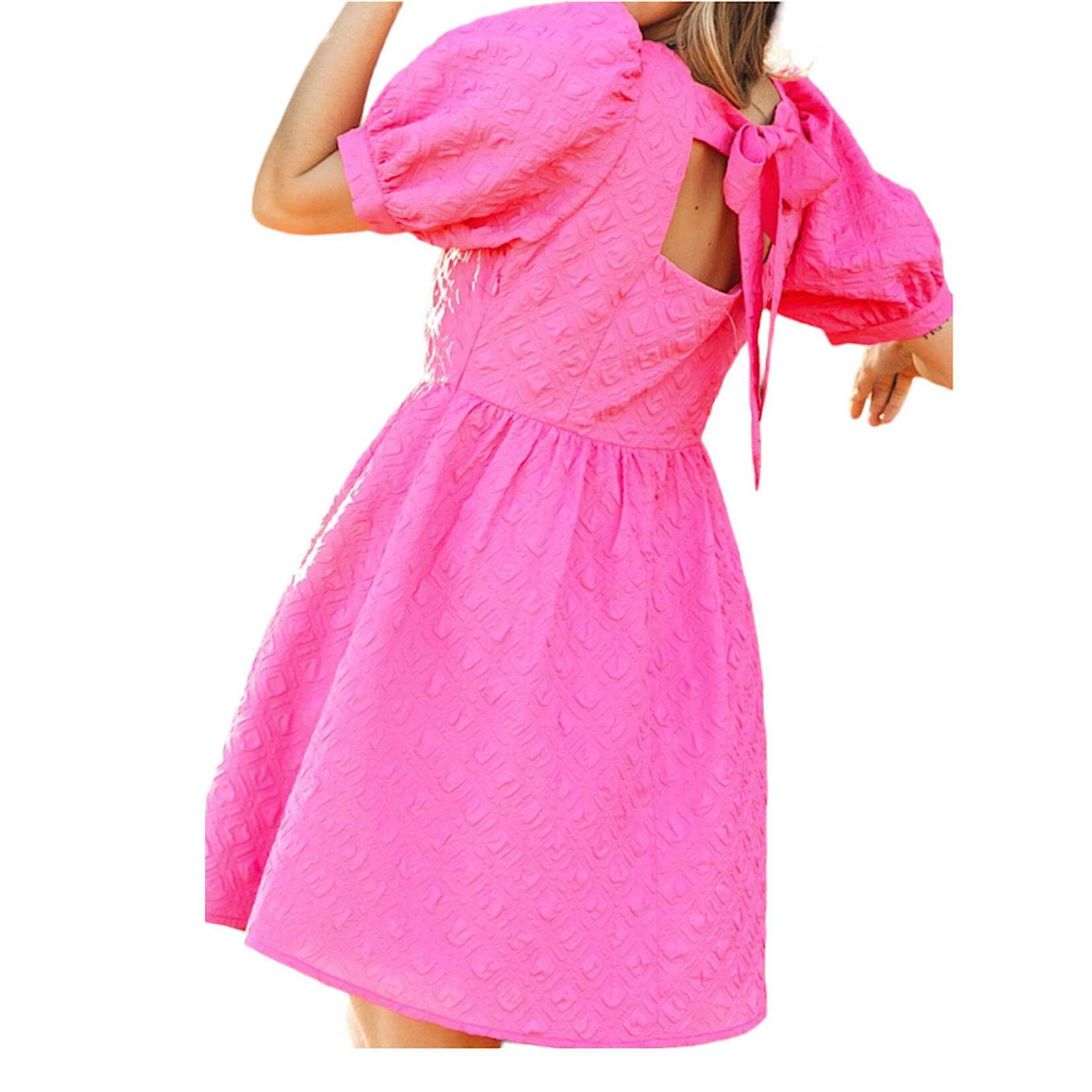 Fuchsia Mosaic Textured Short Puff Sleeve Square Neck Dress