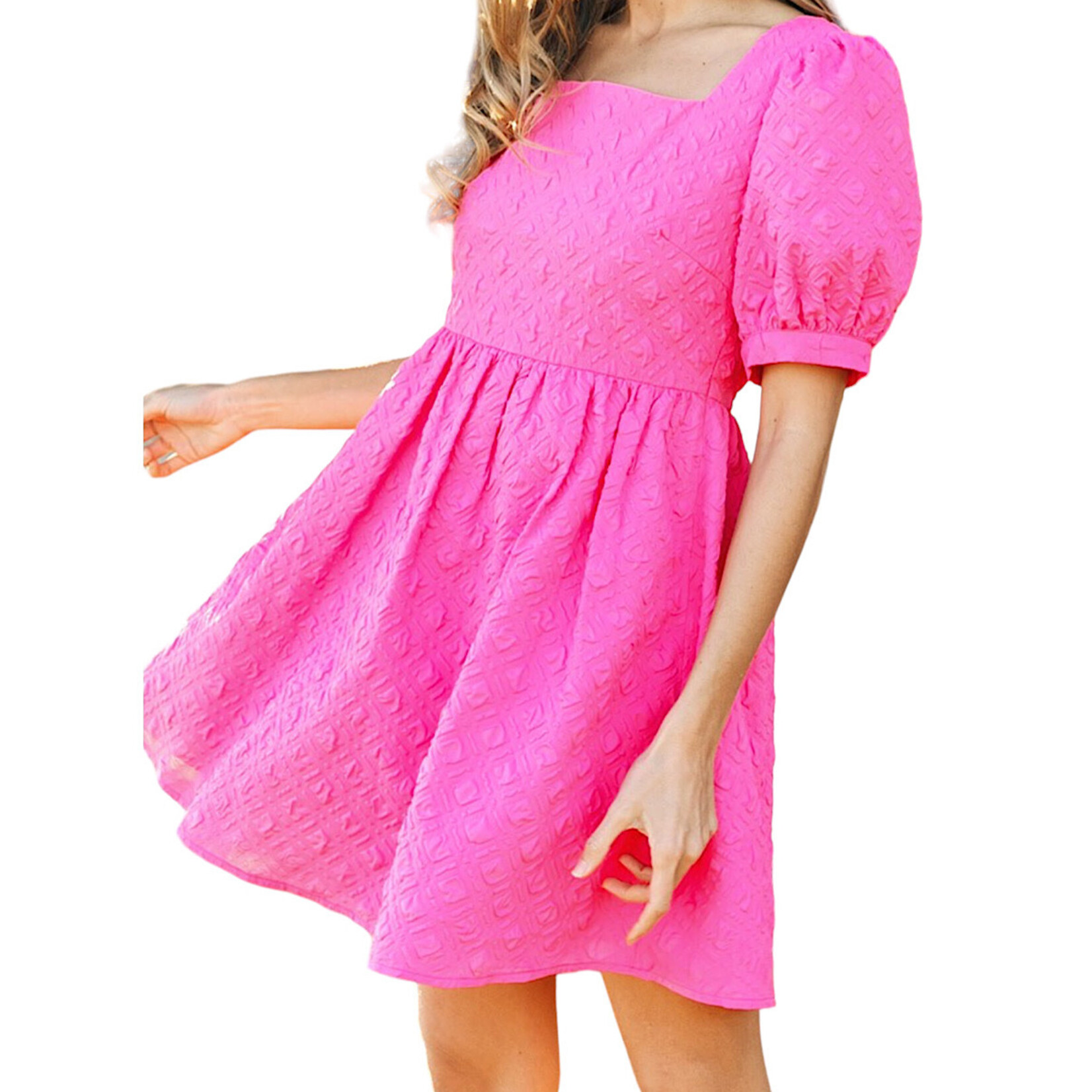 Fuchsia Mosaic Textured Short Puff Sleeve Square Neck Dress