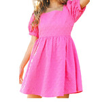 Fuchsia Mosaic Textured Short Puff Sleeve Square Neck Dress