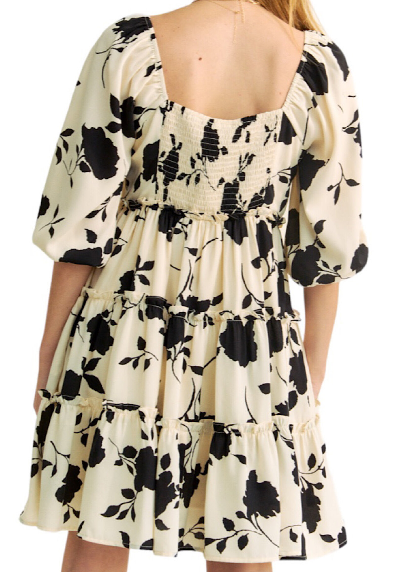 Cream Floral Square Neck Mini Dress with Ruffled Bell Sleeves