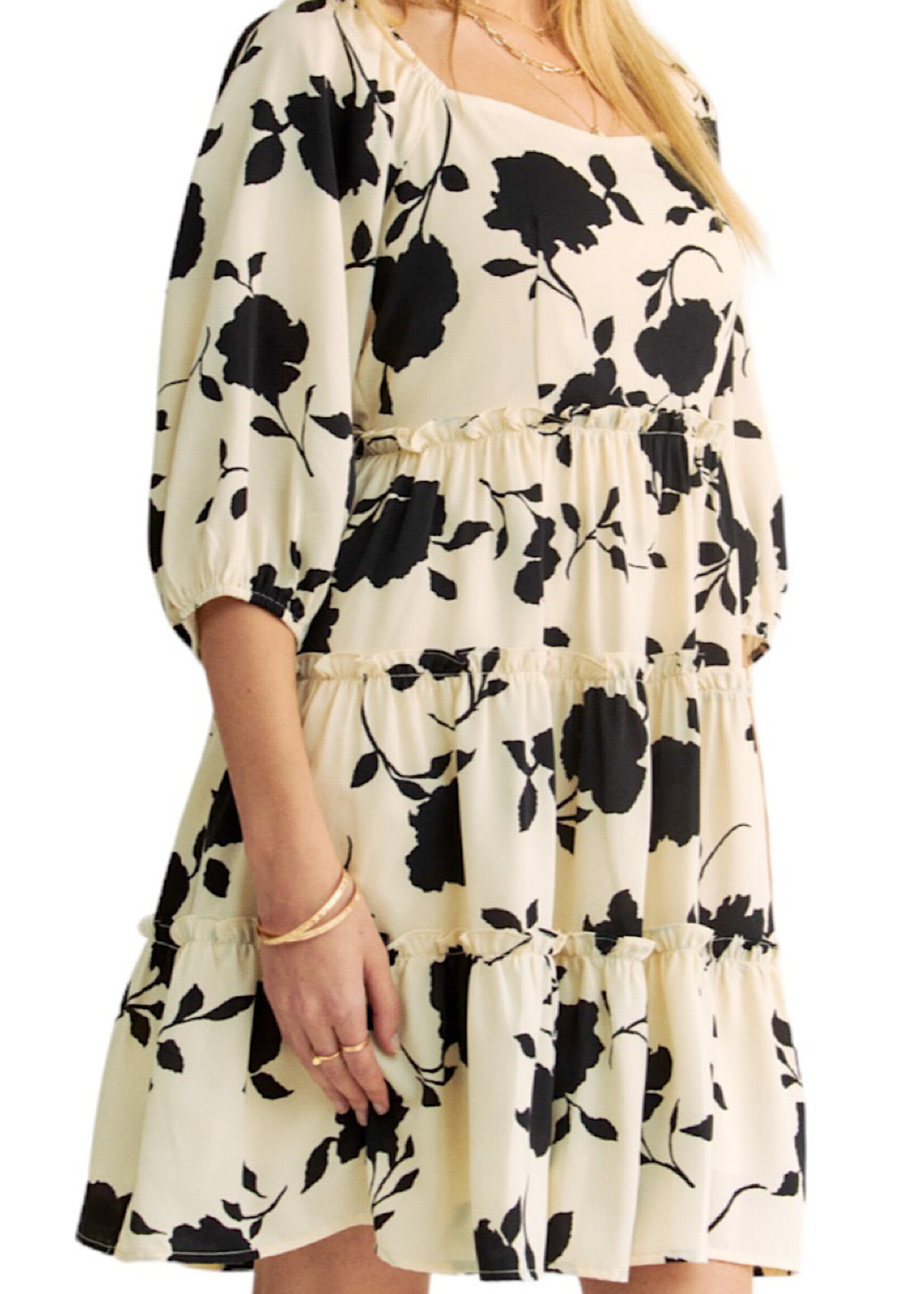 Cream Floral Square Neck Mini Dress with Ruffled Bell Sleeves