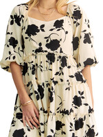 Cream Floral Square Neck Mini Dress with Ruffled Bell Sleeves