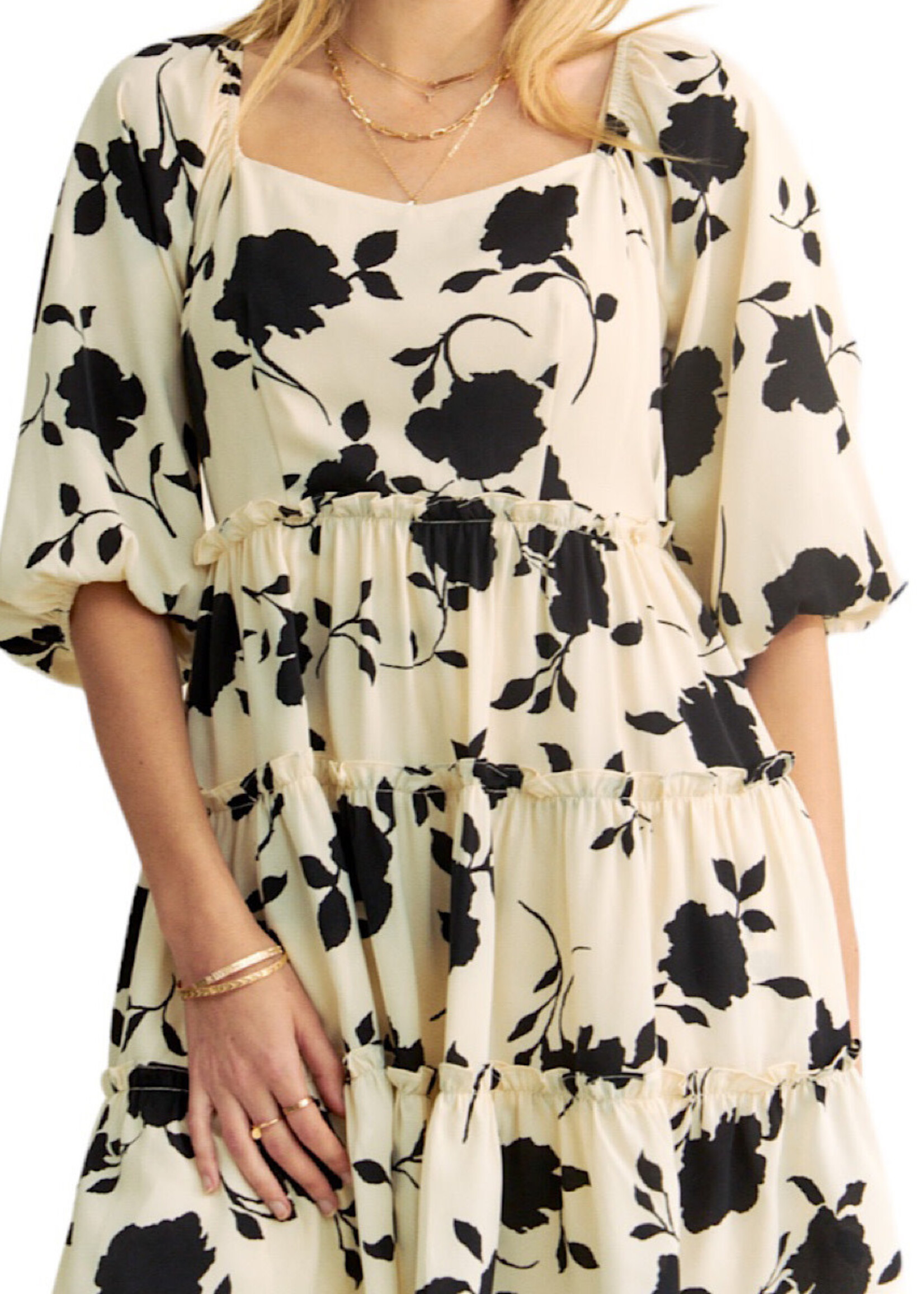 Cream Floral Square Neck Mini Dress with Ruffled Bell Sleeves