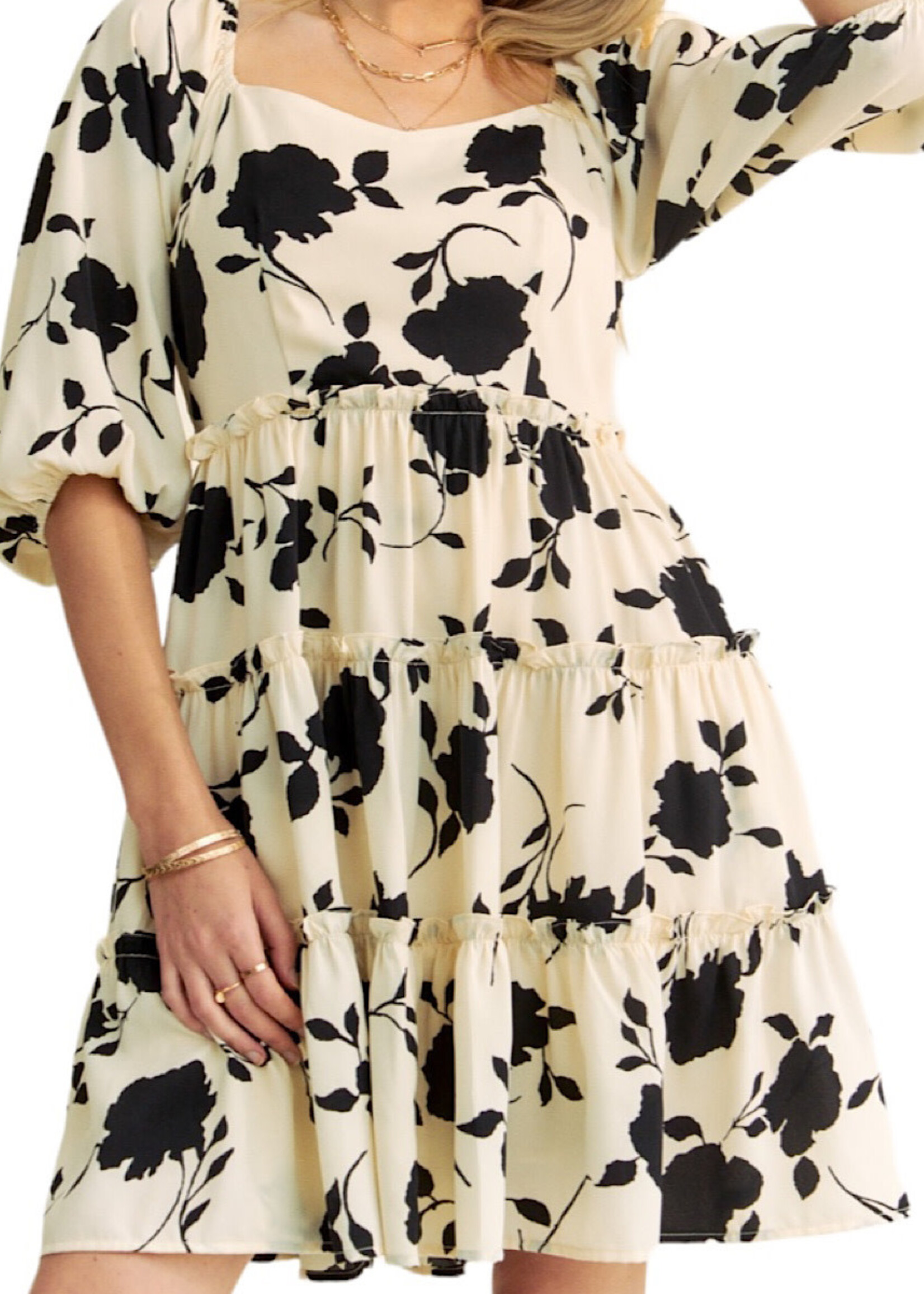 Cream Floral Square Neck Mini Dress with Ruffled Bell Sleeves