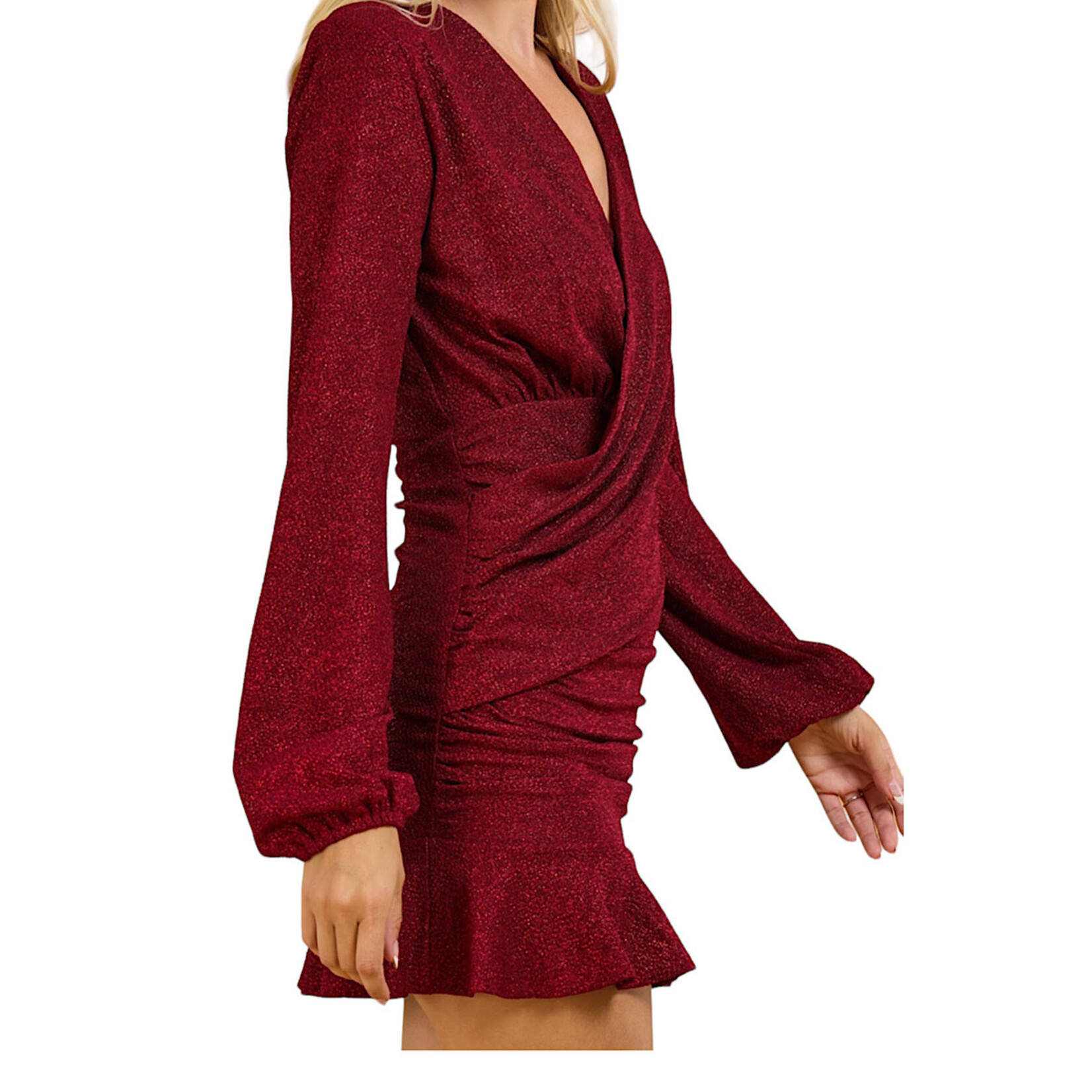 Burgundy V-Neck Surplice Wrap Front Dress
