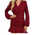 Burgundy V-Neck Surplice Wrap Front Dress