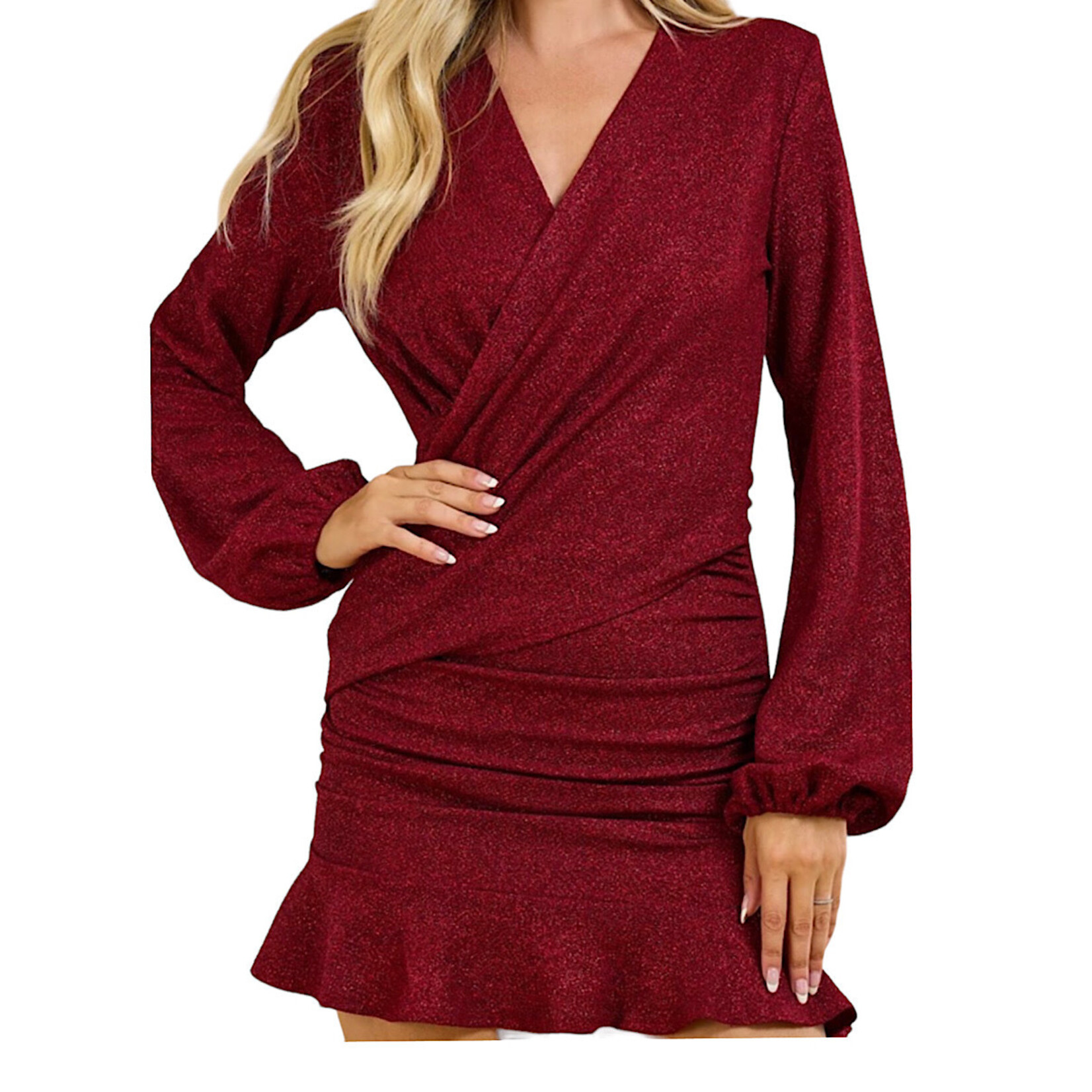 Burgundy V-Neck Surplice Wrap Front Dress