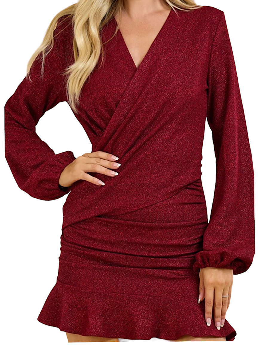 Burgundy V-Neck Surplice Wrap Front Dress Burgundy V-Neck Surplice Wrap Front Dress