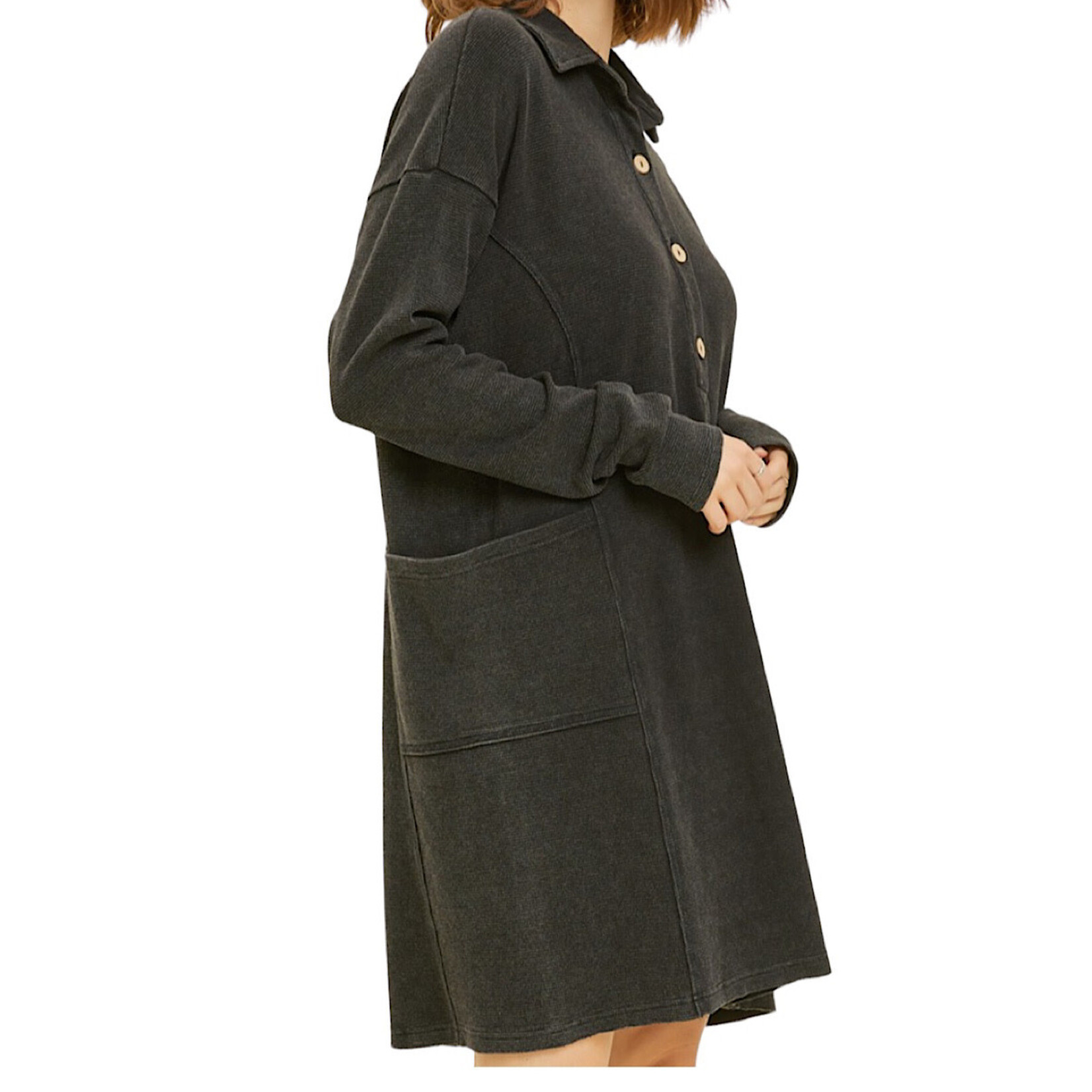 Black Mineral Washed Thermal Henley Dress with Pockets