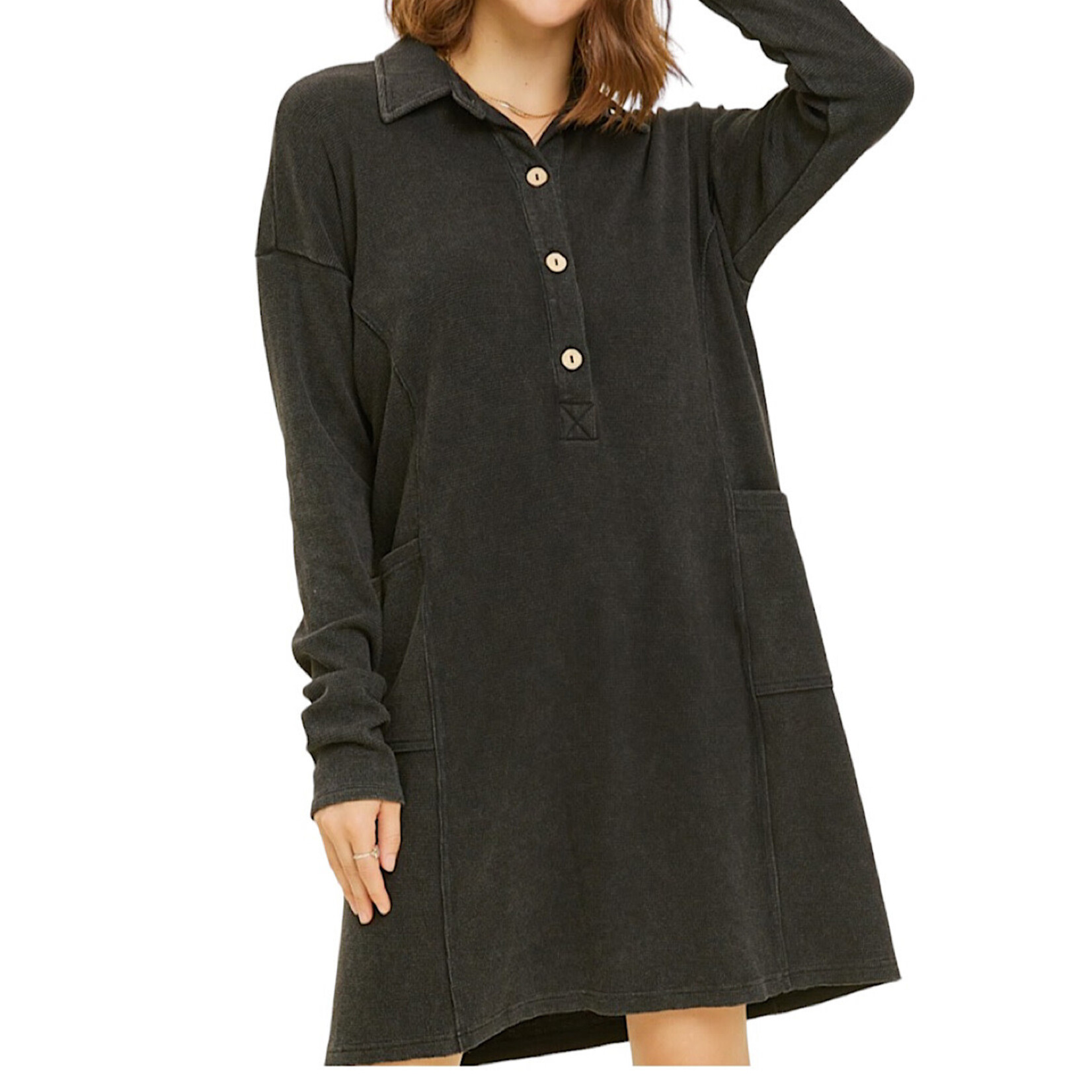 Black Mineral Washed Thermal Henley Dress with Pockets