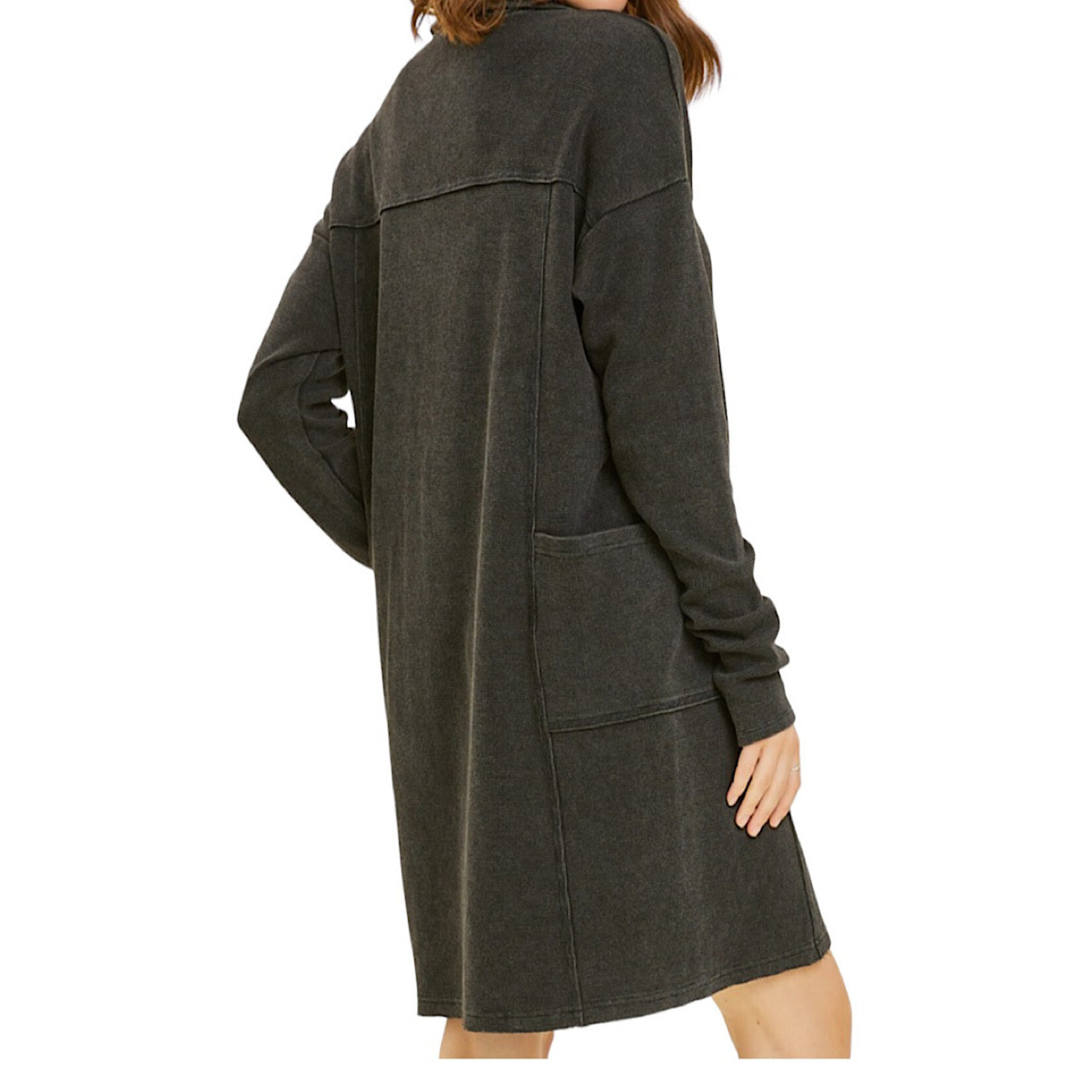 Black Mineral Washed Thermal Henley Dress with Pockets