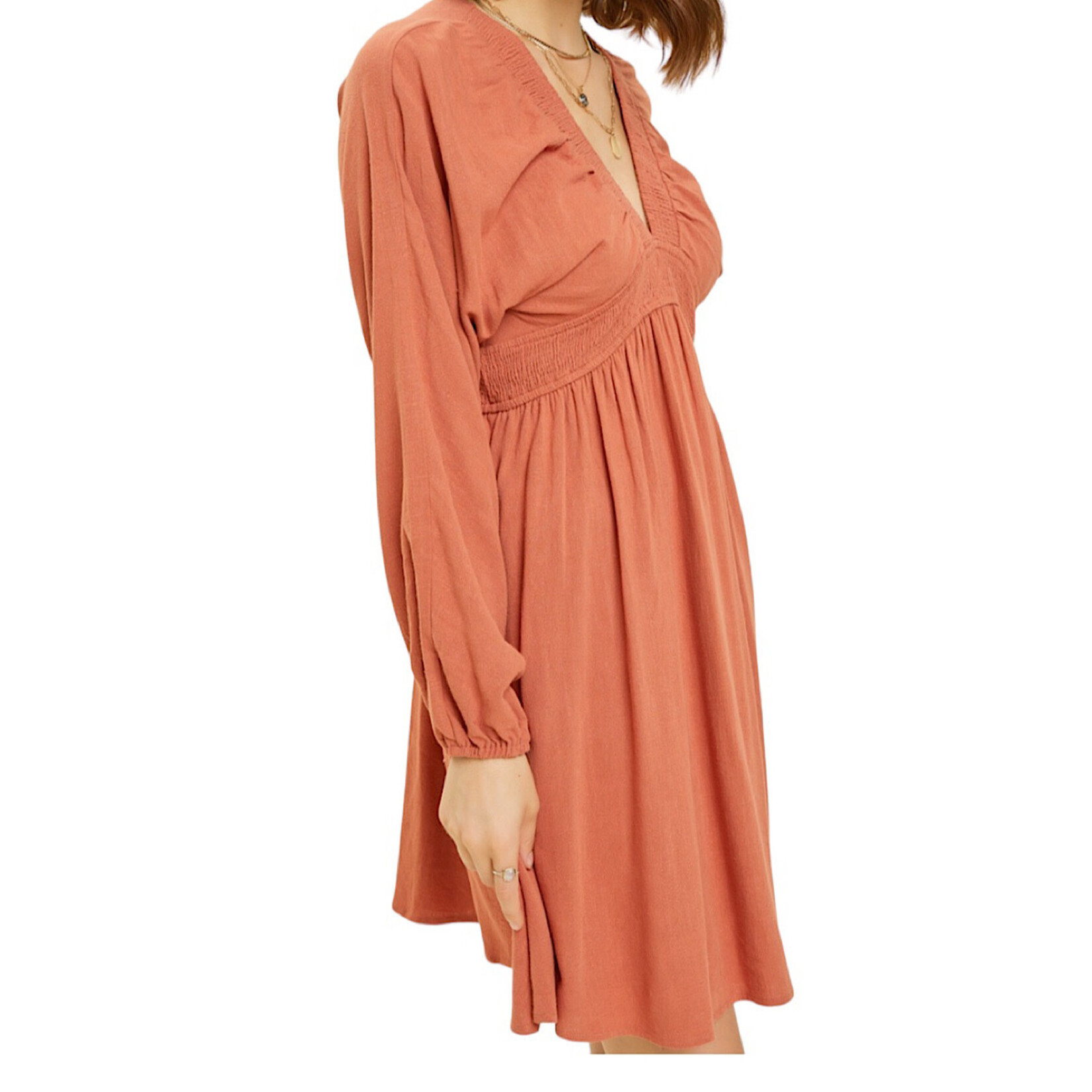 Brick V Neck Smocked Flare Mini Dress with Dolman Sleeves