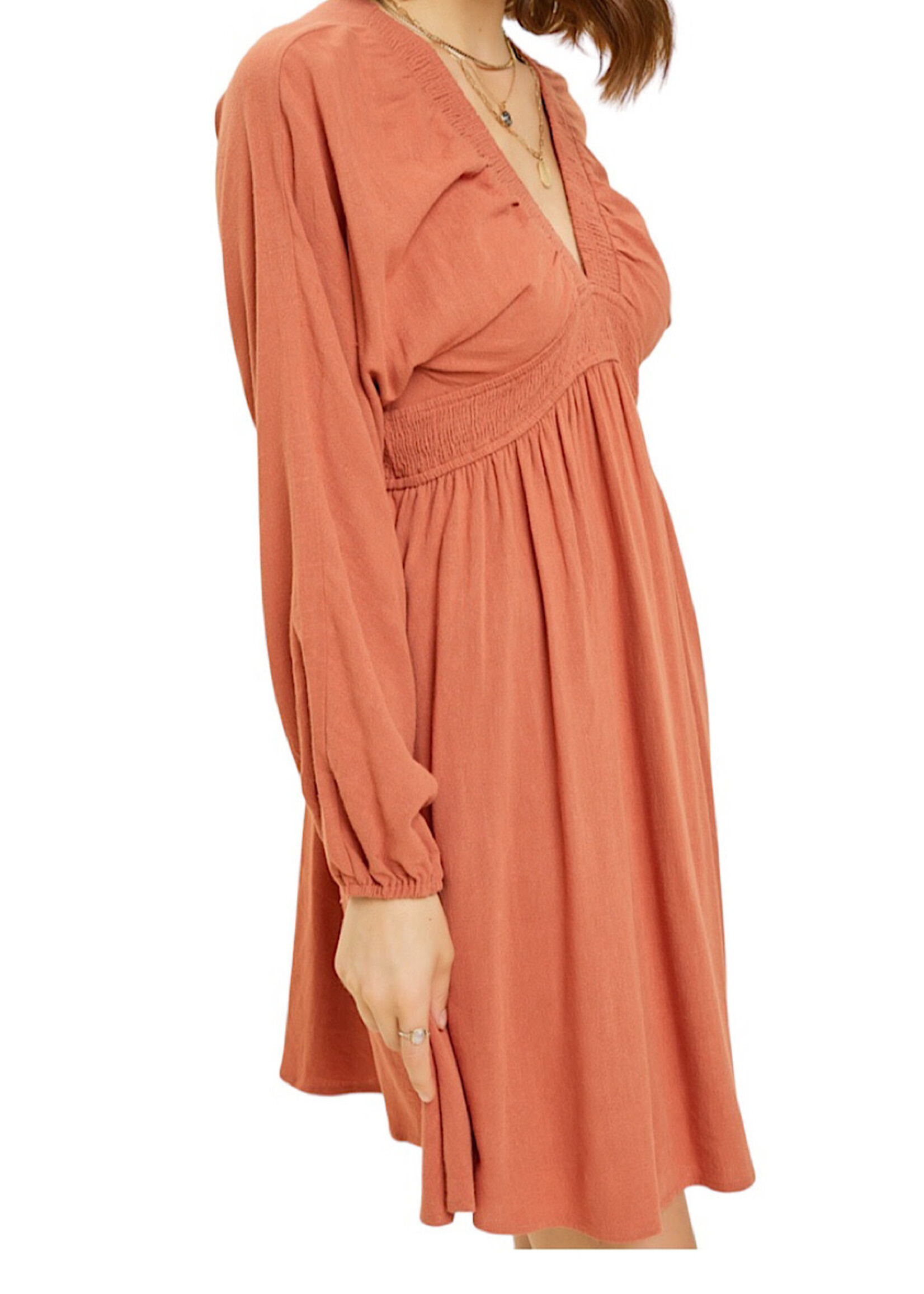 Brick V Neck Smocked Flare Mini Dress with Dolman Sleeves