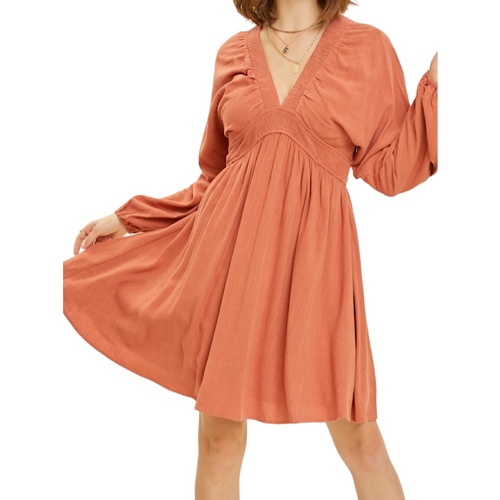 Brick V Neck Smocked Flare Mini Dress with Dolman Sleeves