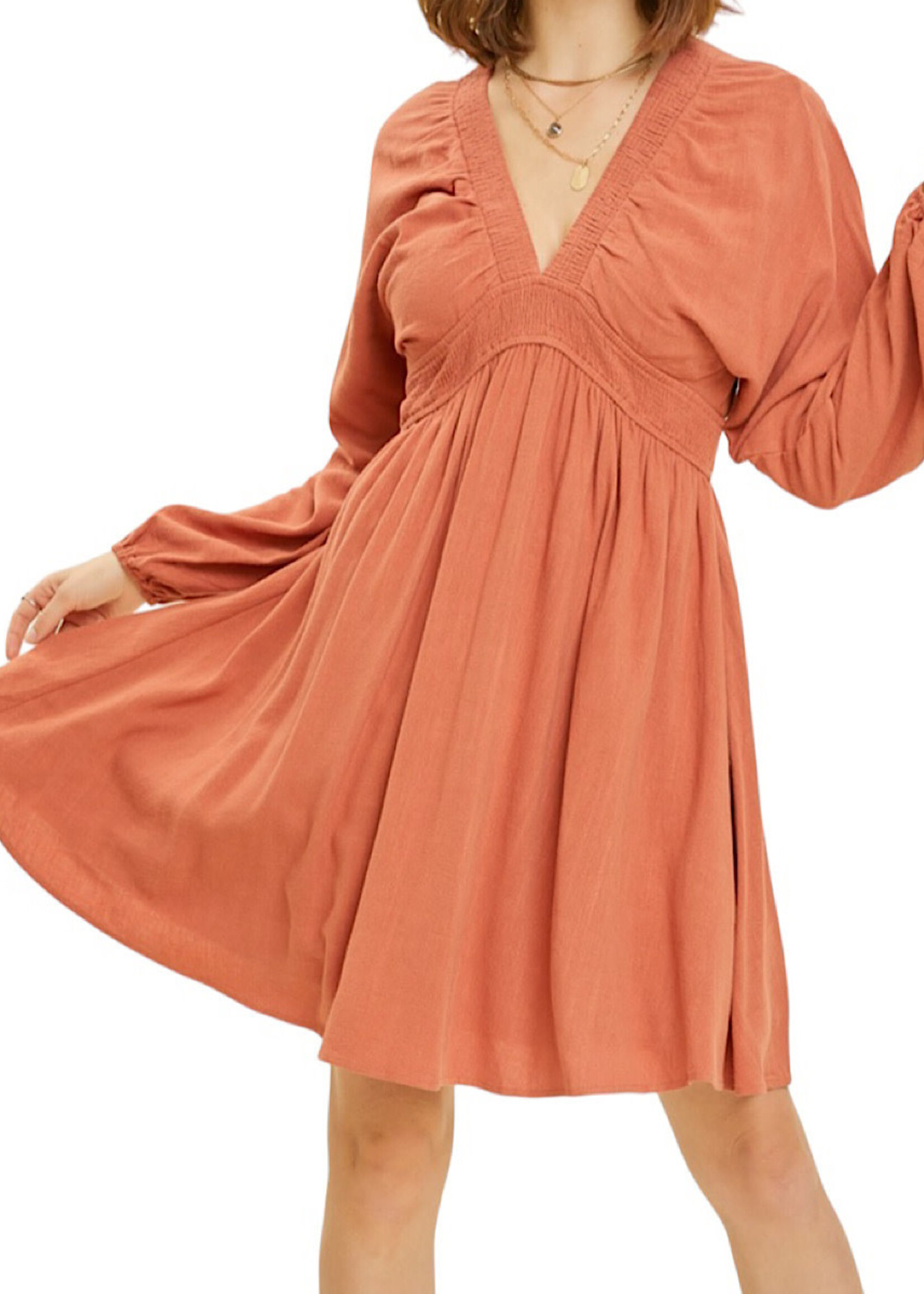 Brick V Neck Smocked Flare Mini Dress with Dolman Sleeves