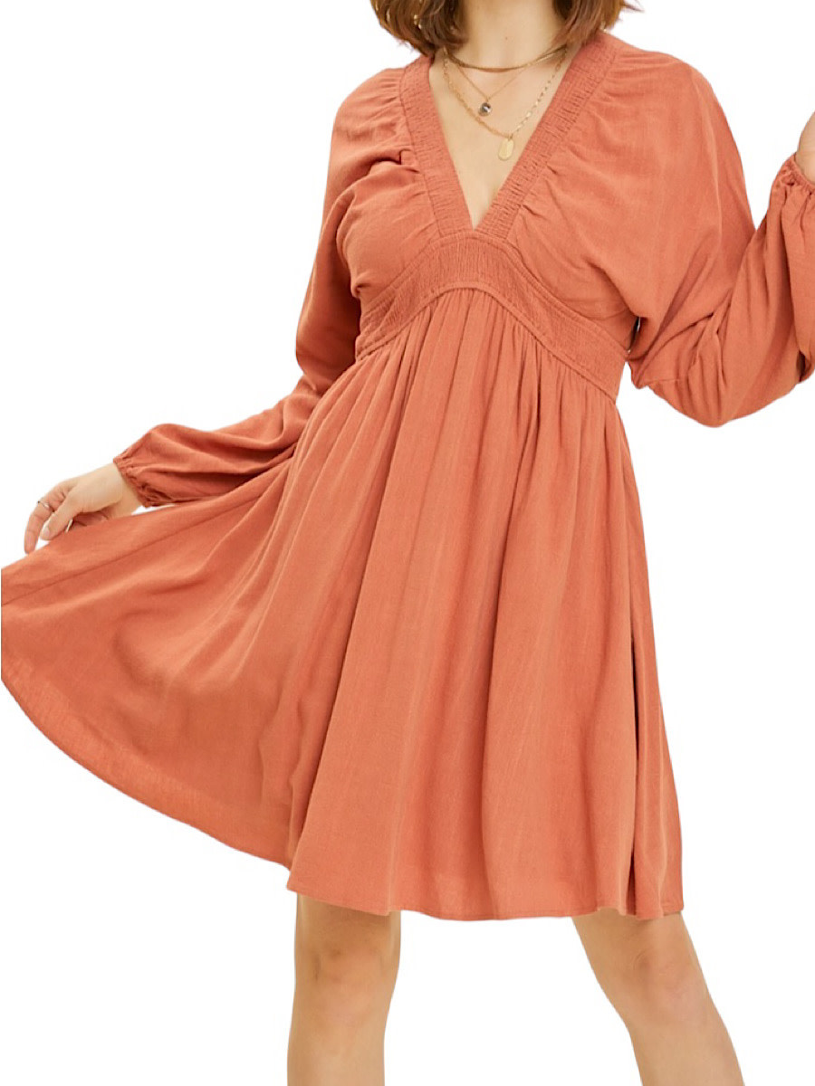 Brick V Neck Smocked Flare Mini Dress with Dolman Sleeves - Main Street  Boutique