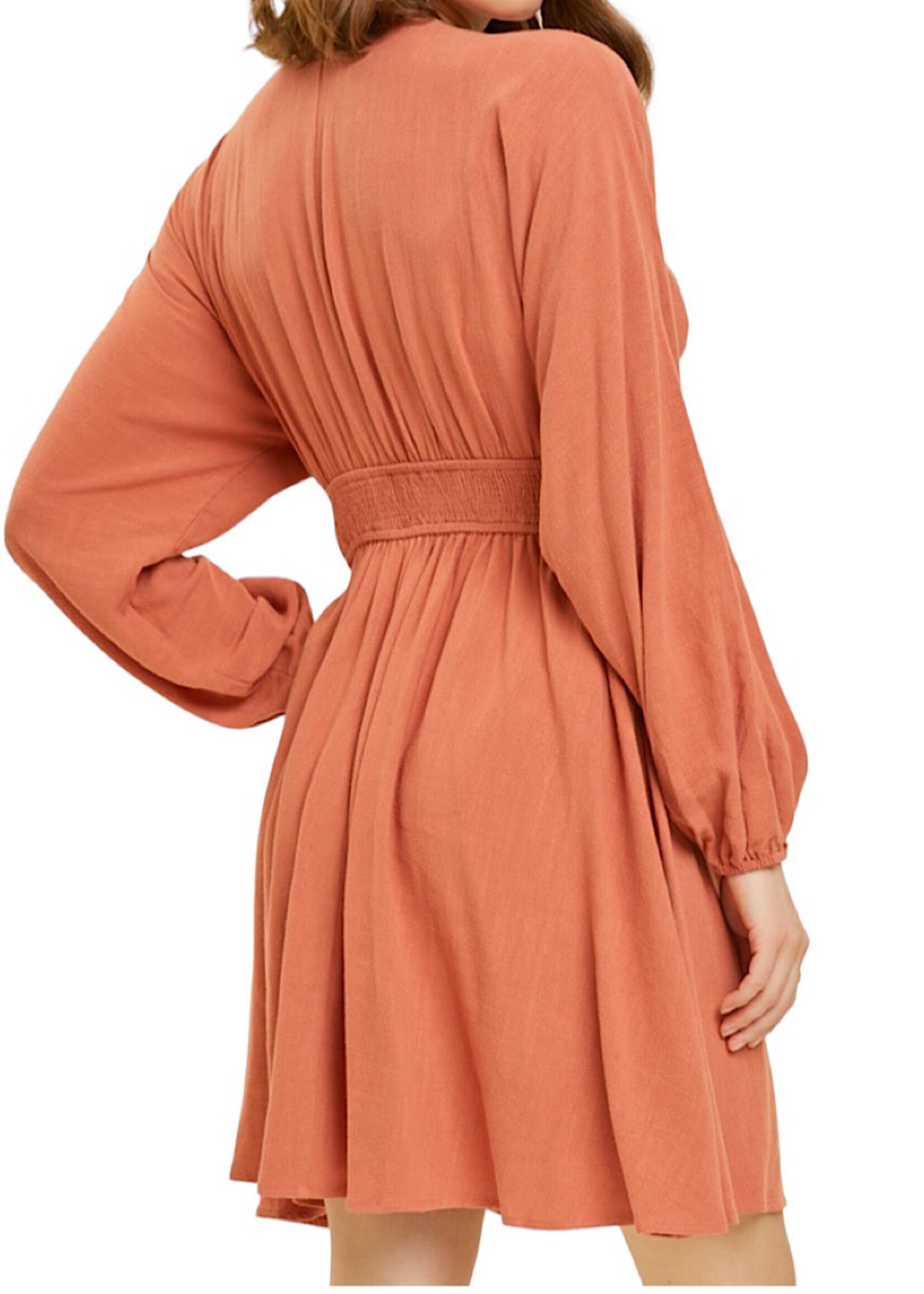 Brick V Neck Smocked Flare Mini Dress with Dolman Sleeves