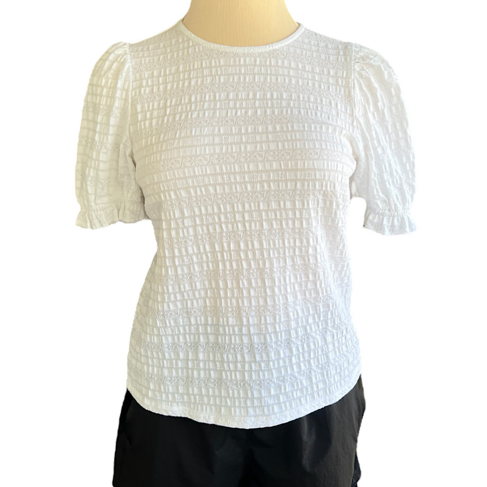 White Textured Blouse with Ruffle Hem Sleeves Size S-RF