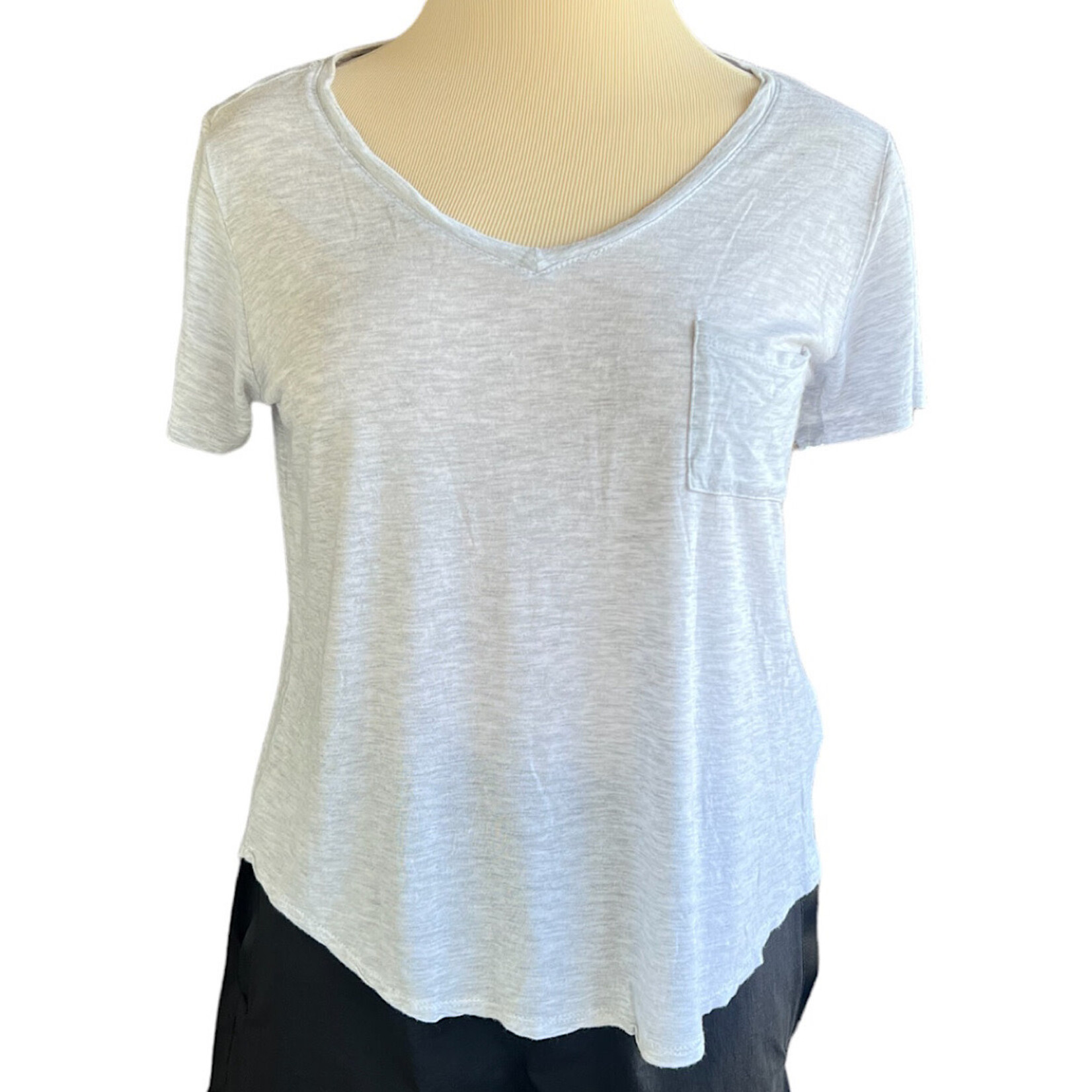 Light Grey Basic V Neck Tee with Chest Pocket-RF