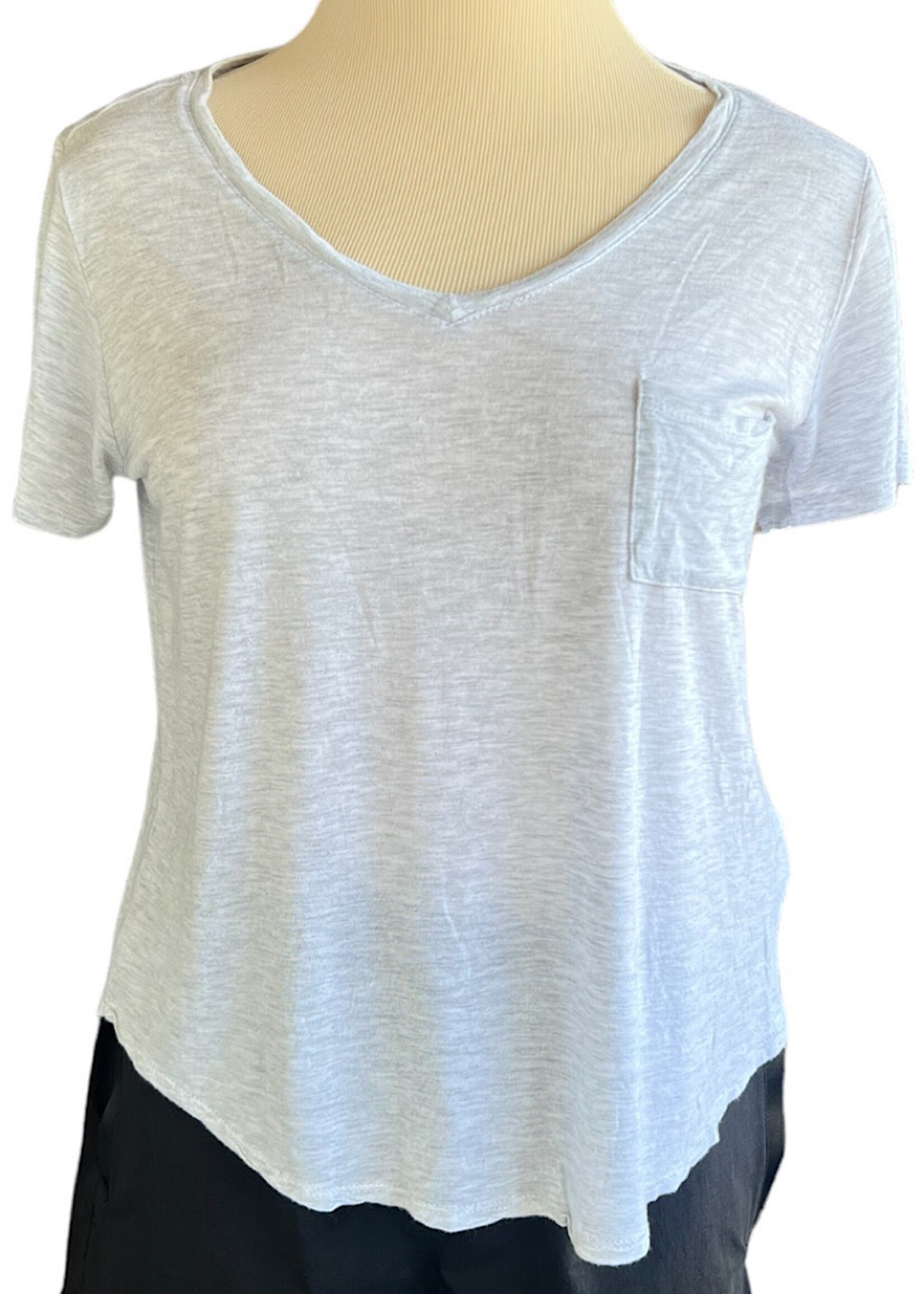 Light Grey Basic V Neck Tee with Chest Pocket-RF