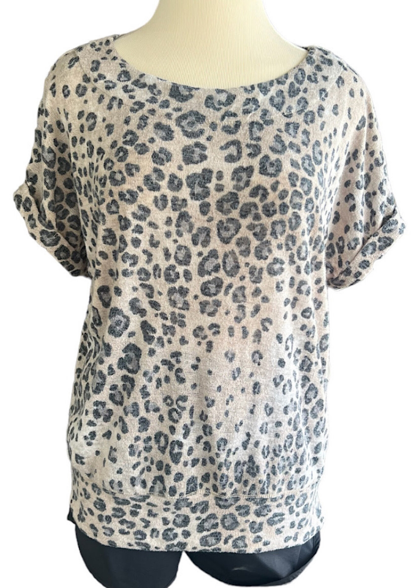 Tan Leopard Blouse Short Sleeve Top Size S-RF