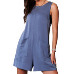 Denim Blue Soft Knit Crew Neck Romper with Pockets
