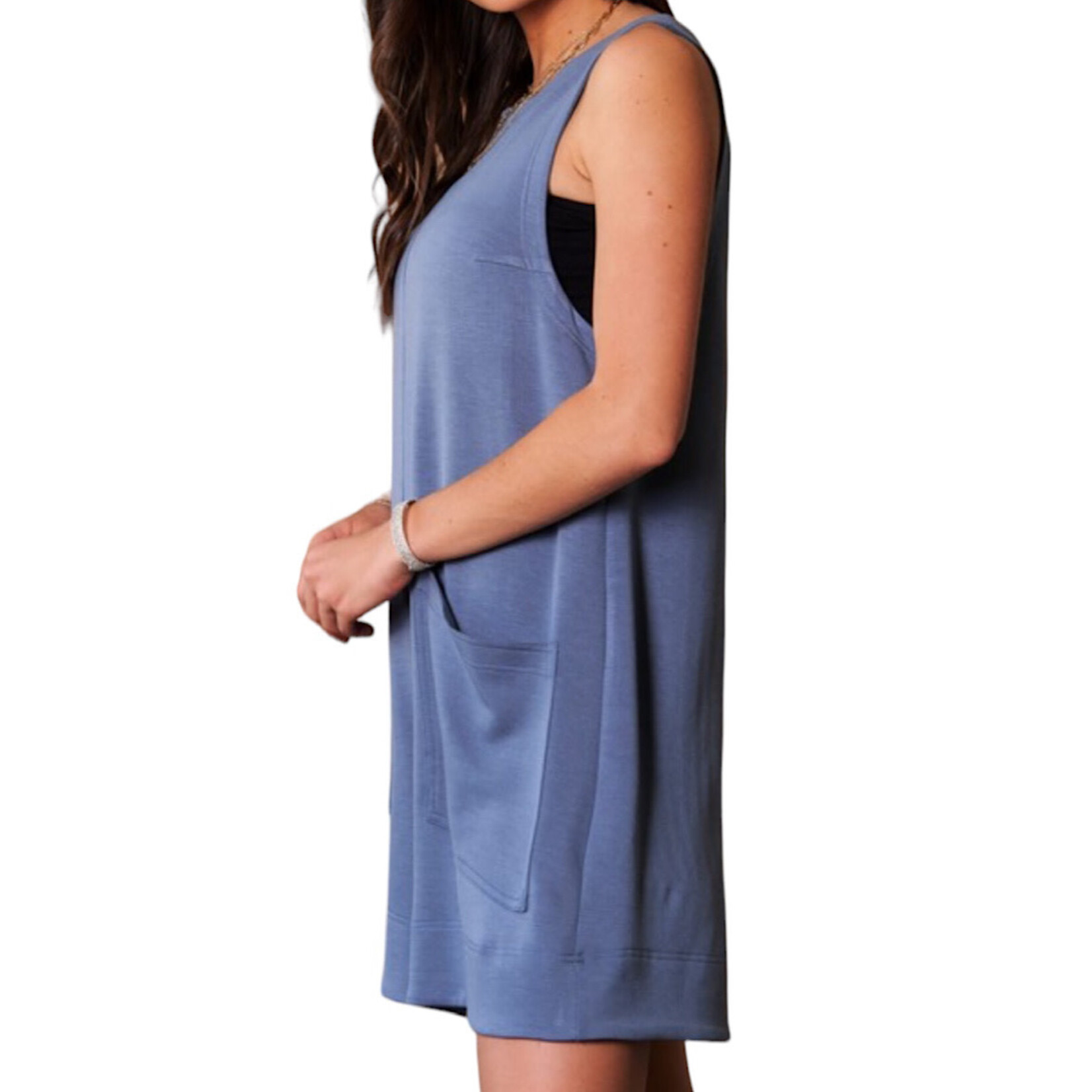 Denim Blue Soft Knit Crew Neck Romper with Pockets