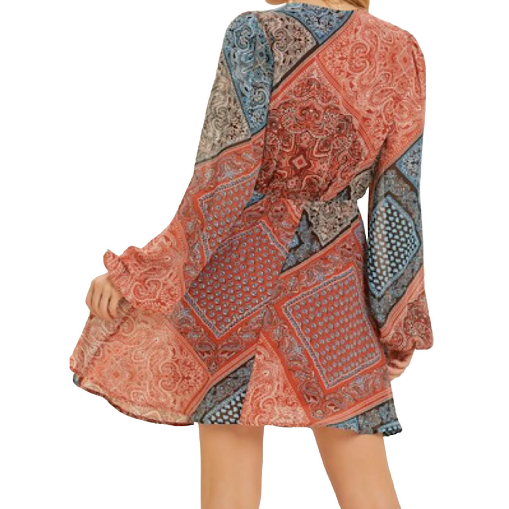 Black Multi Scarf Printed Chiffon Wrap Dress with Balloon Sleeves