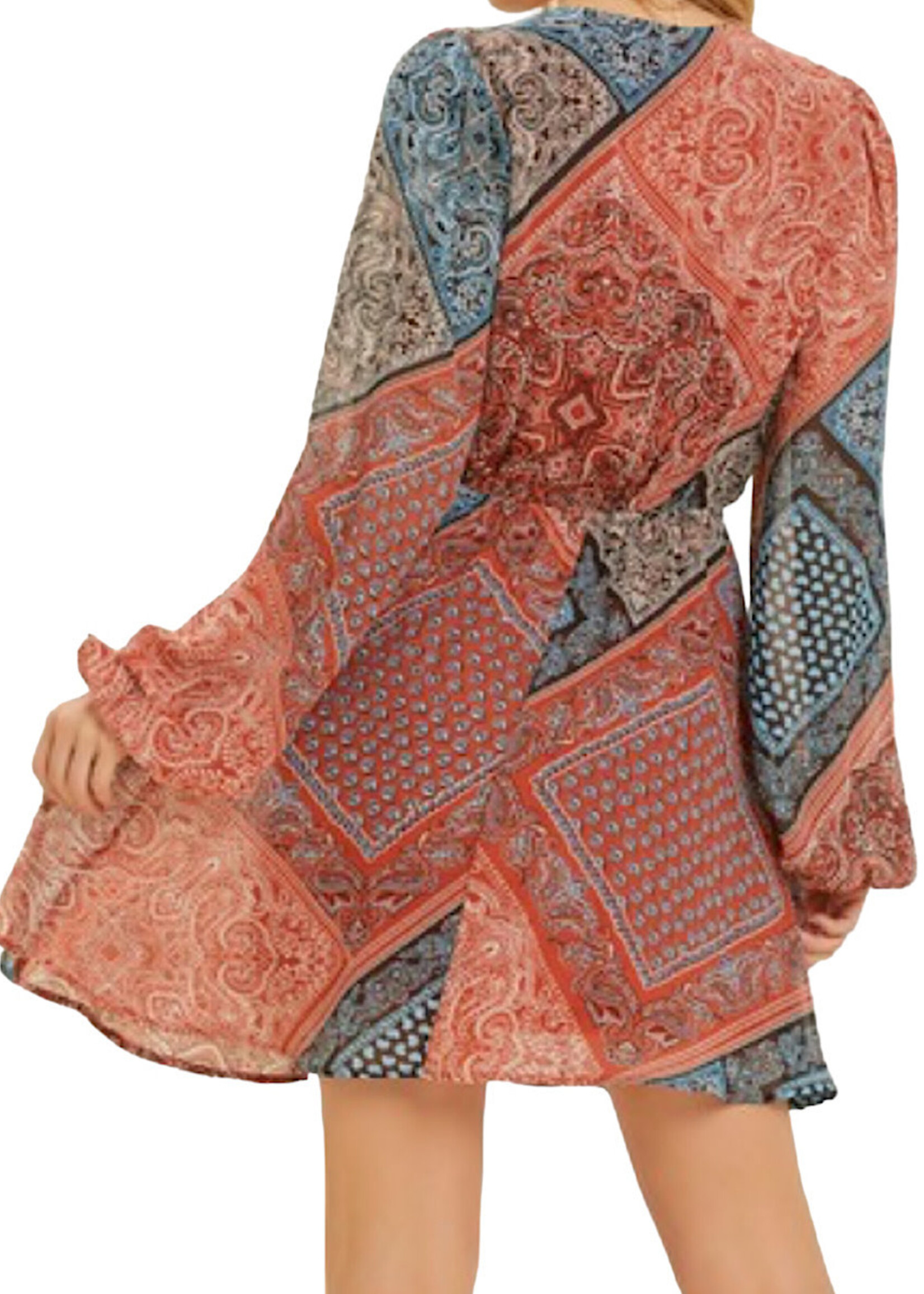 Black Multi Scarf Printed Chiffon Wrap Dress with Balloon Sleeves