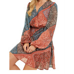 Black Multi Scarf Printed Chiffon Wrap Dress with Balloon Sleeves