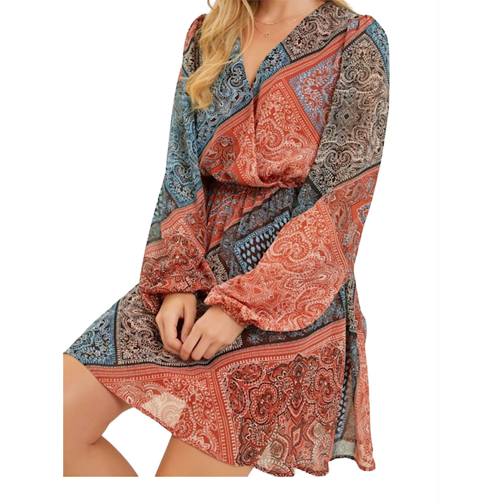 Black Multi Scarf Printed Chiffon Wrap Dress with Balloon Sleeves